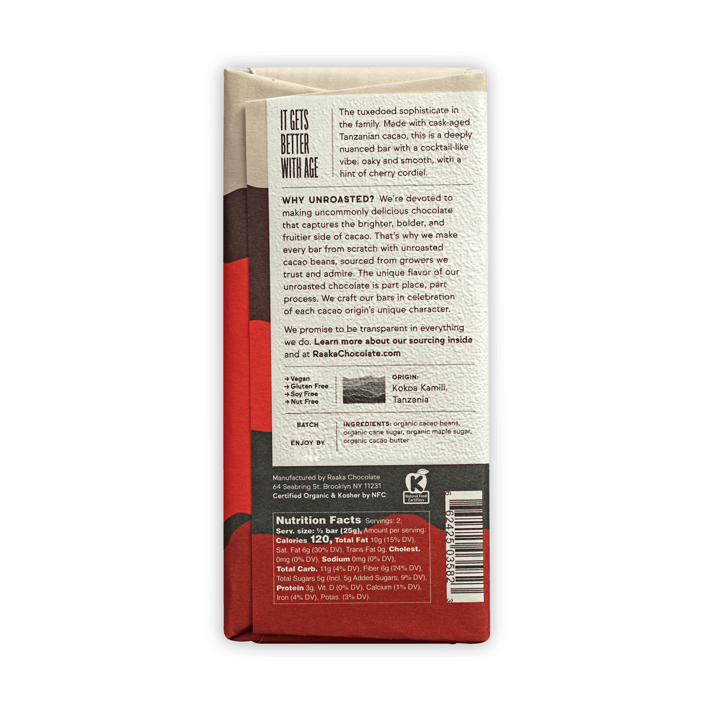 Raaka Bourbon Cask Aged 82% red and beige chocolate bar