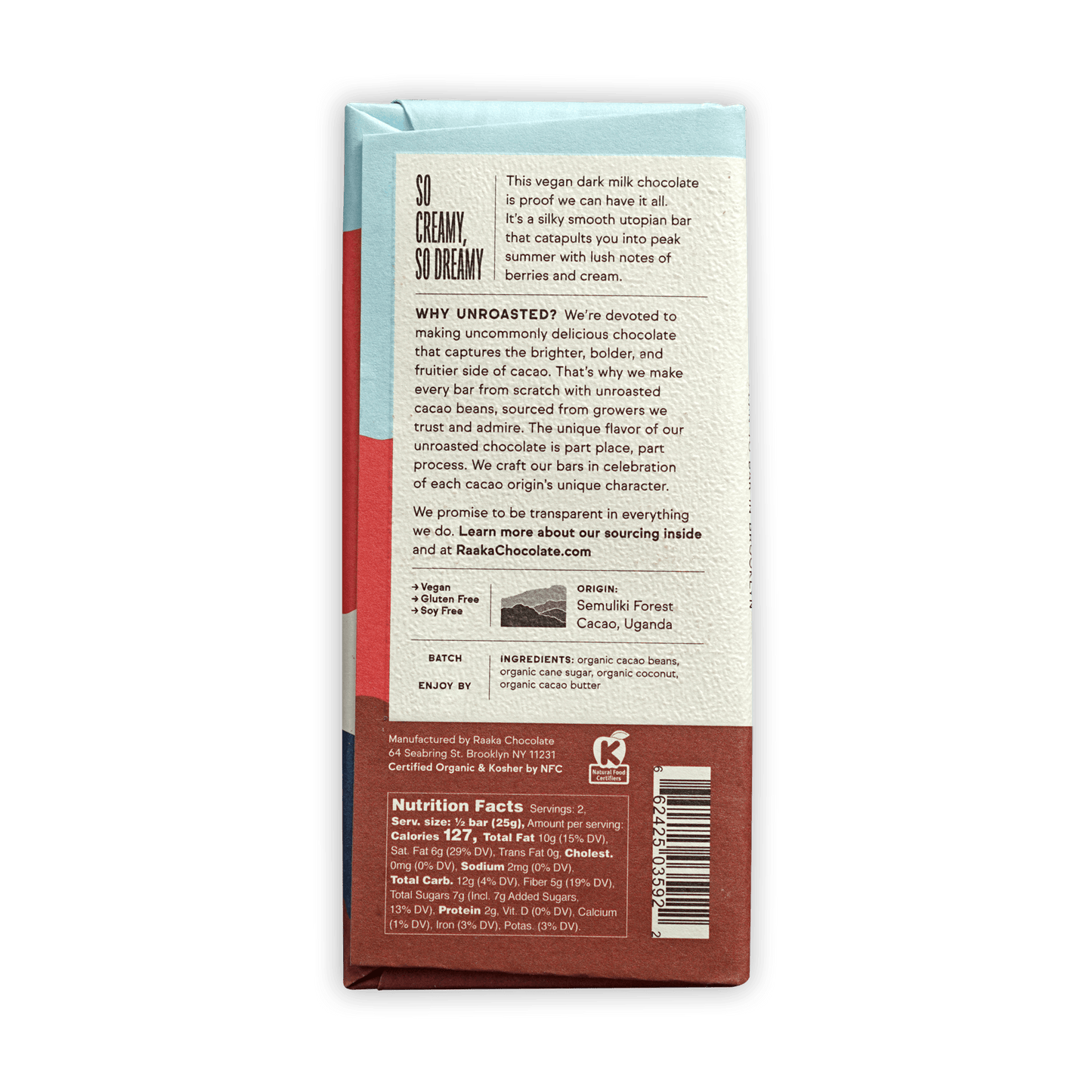 Raaka Coconut Milk Chocolate 60% bar in blue red wrapper