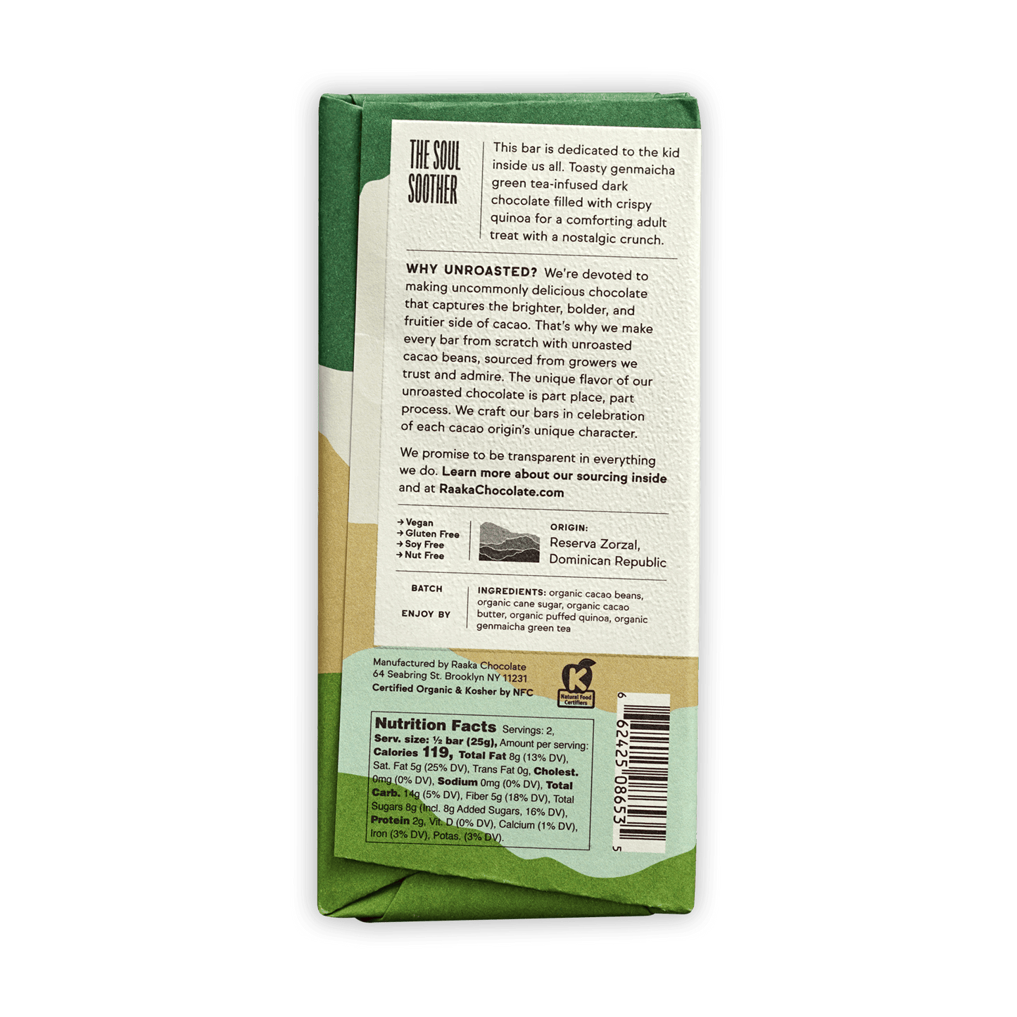 Raaka Green Tea Crunch 66% organic unroasted chocolate bar