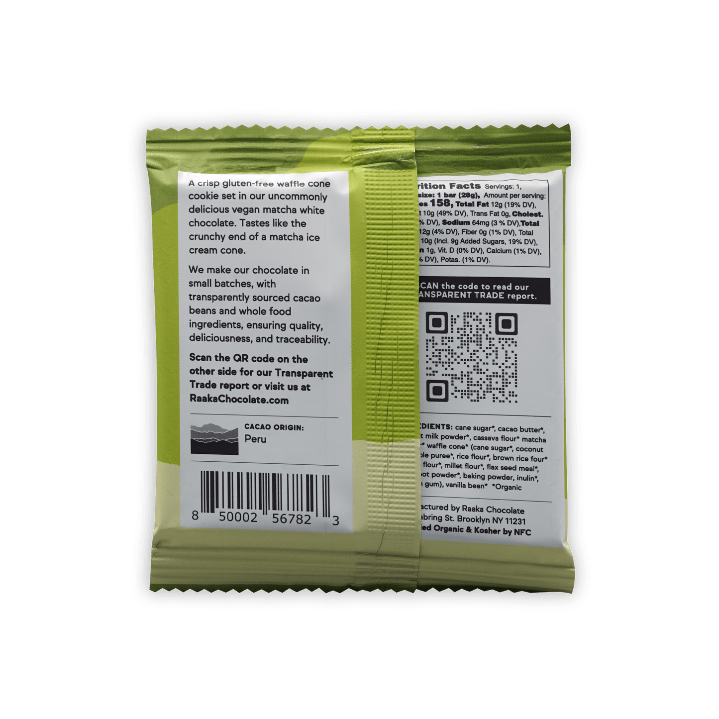 Raaka Matcha Waffle Cone 40% vegan matcha white chocolate cookie pouch