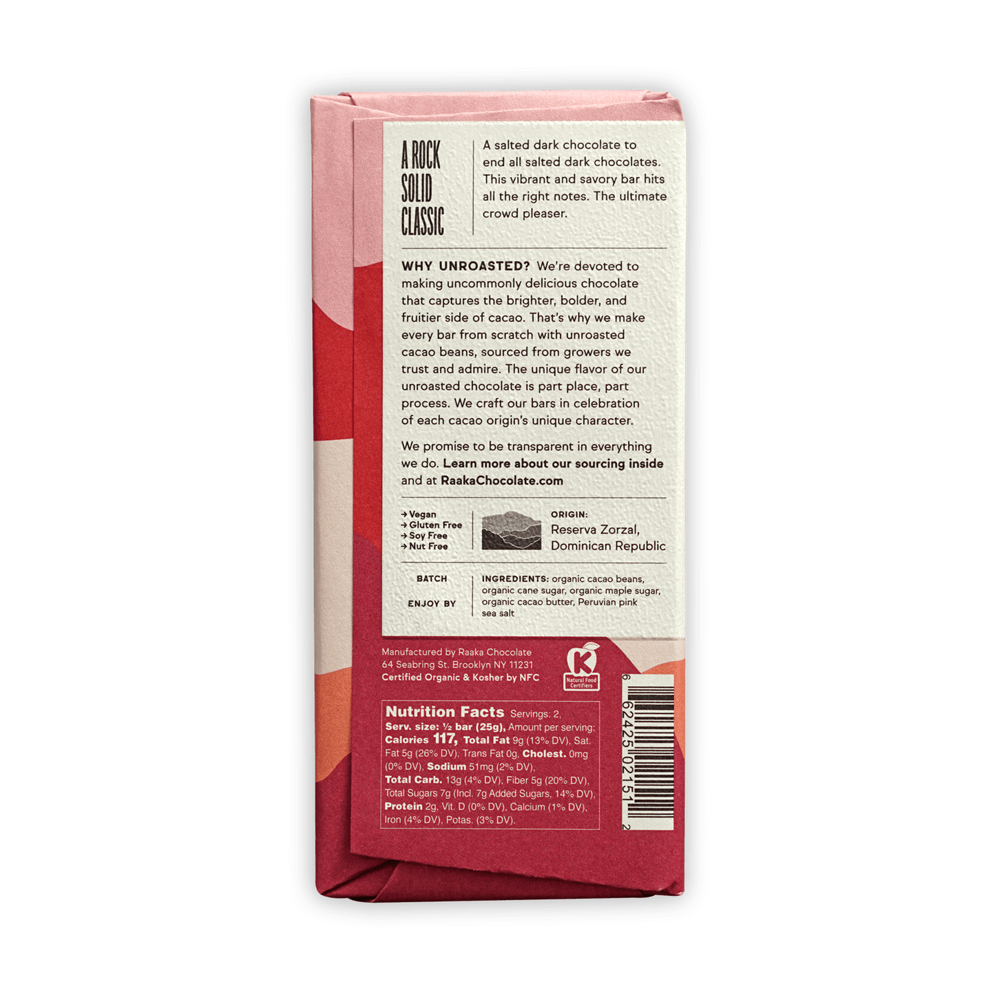 Raaka Pink Sea Salt 71% salted dark chocolate bar in pink red wrapper