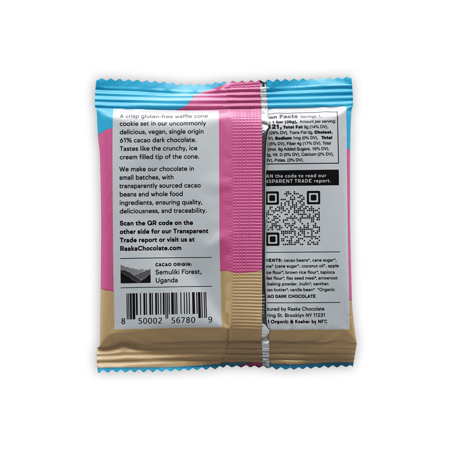 Raaka Vanilla Waffle Cone 61% pink blue foil-wrapped organic dark chocolate bar made in Brooklyn
