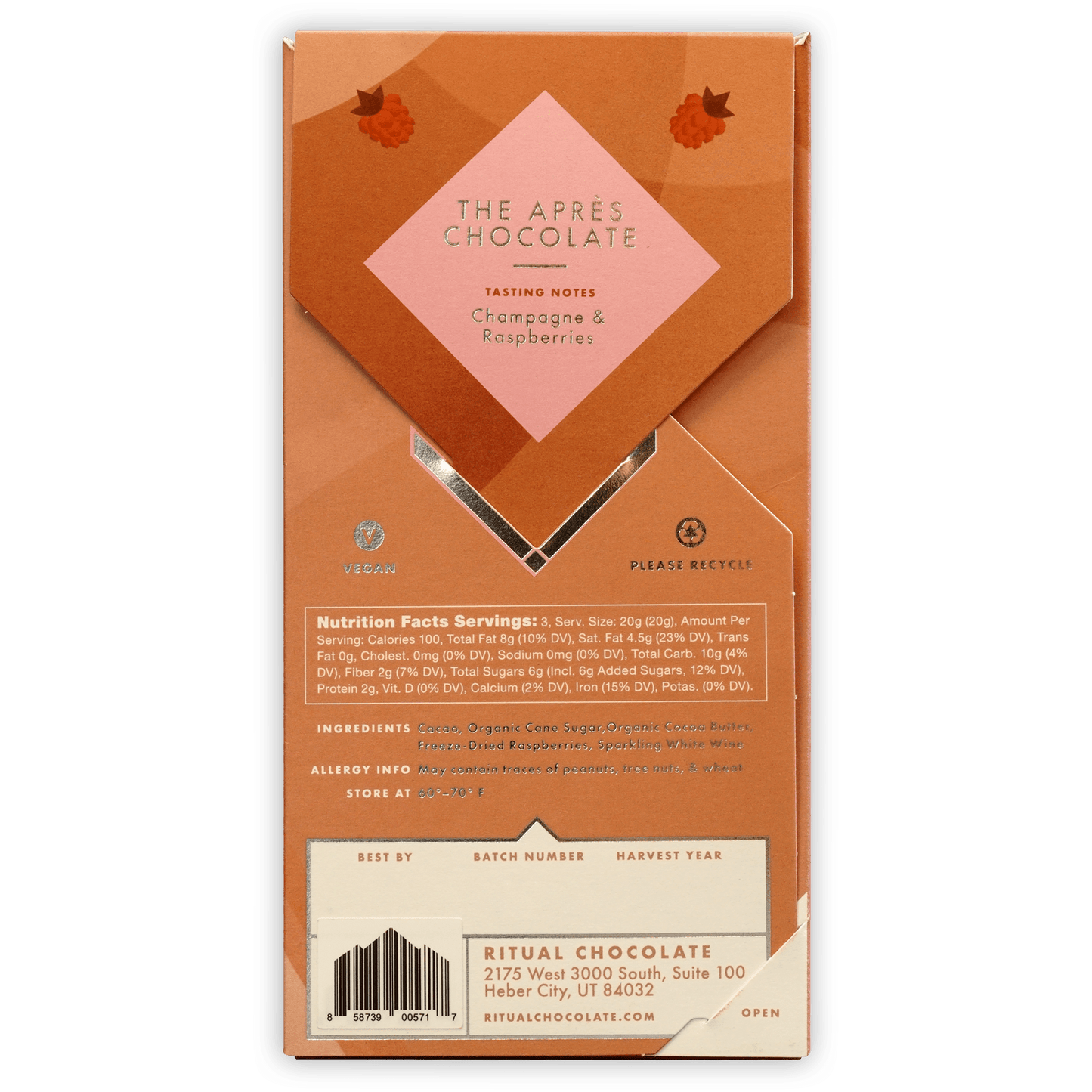 Back of Ritual Après Chocolate 70% (Raspberry & Sparkling Wine) bar package with champagne & raspberry tasting notes in orange pink geometric design