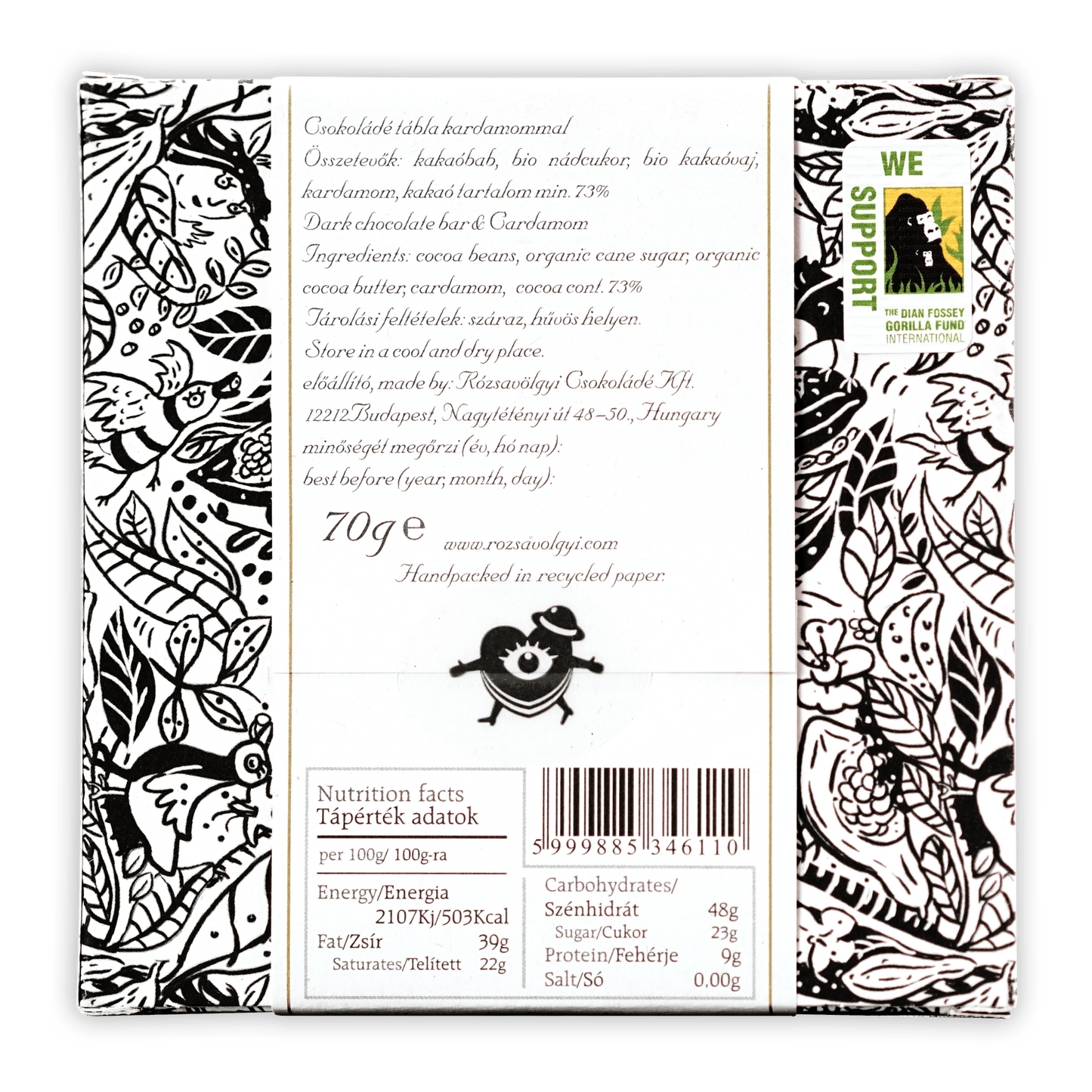 Rózsavölgyi Csokoládé 73% dark chocolate with cardamom black and white wrapper