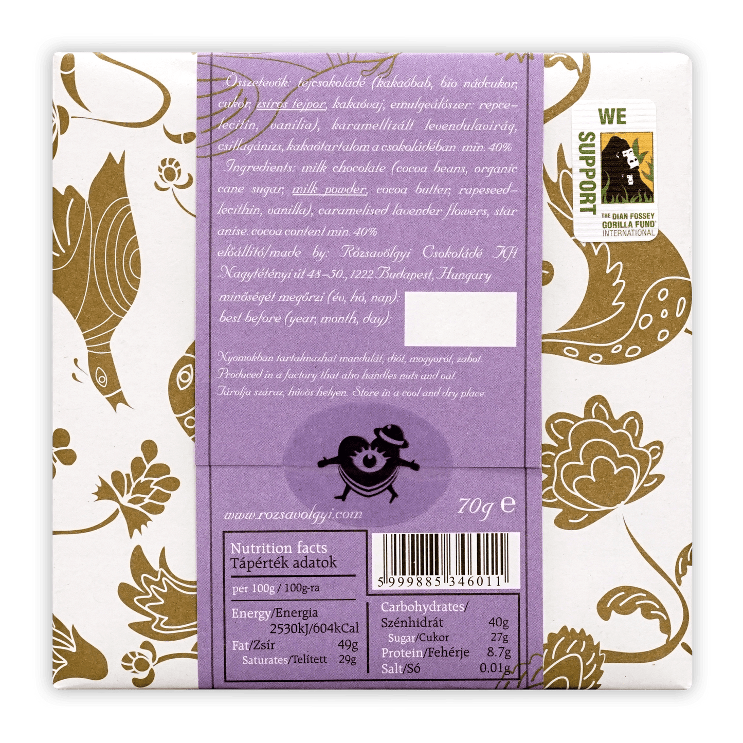 Rózsavölgyi Csokoládé milk chocolate with caramelized lavender flowers wrapper