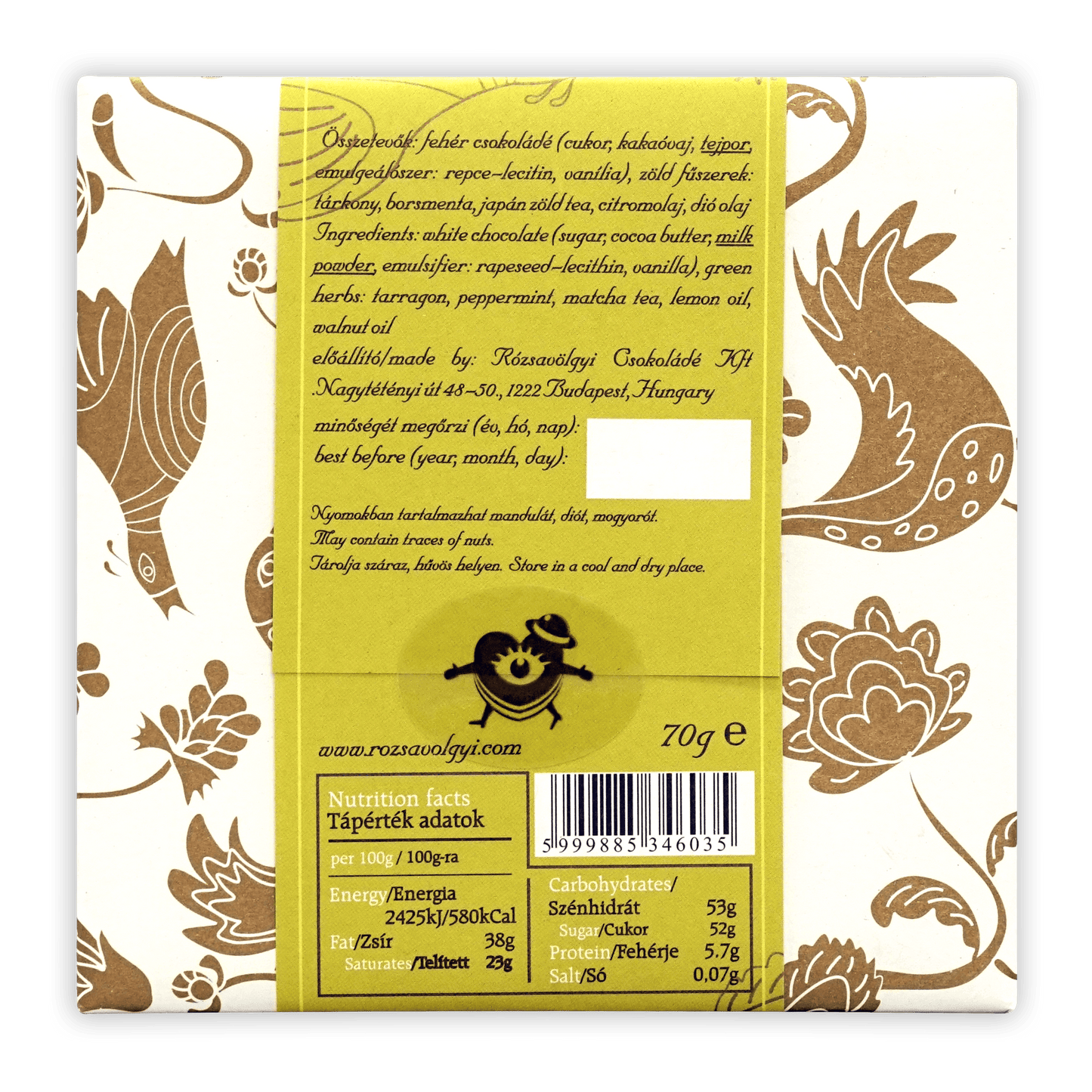 Rózsavölgyi Csokoládé white chocolate bar wrapper back with Hungarian-English ingredients