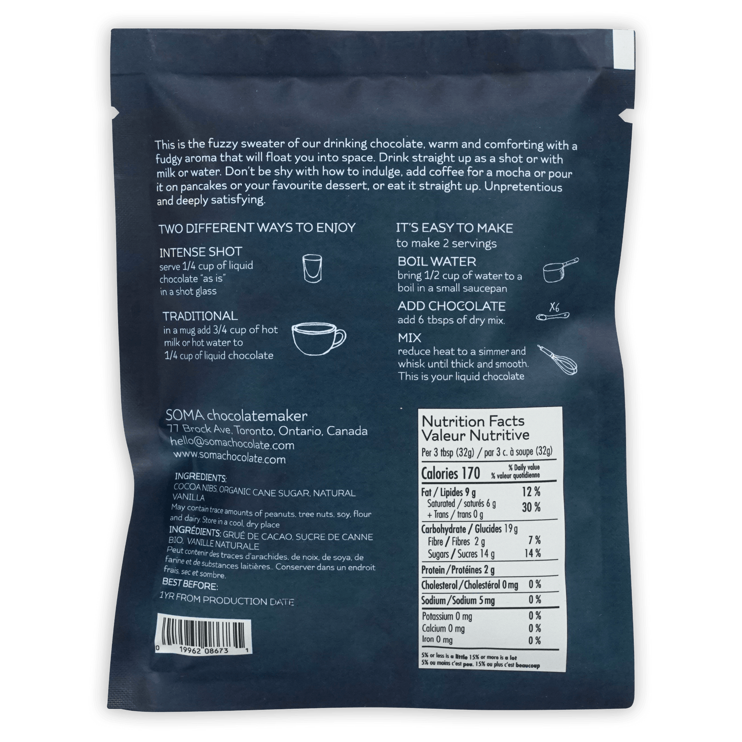 Soma Drinking Chocolate Dark Side of the Mug dark blue pouch back with nutrition info