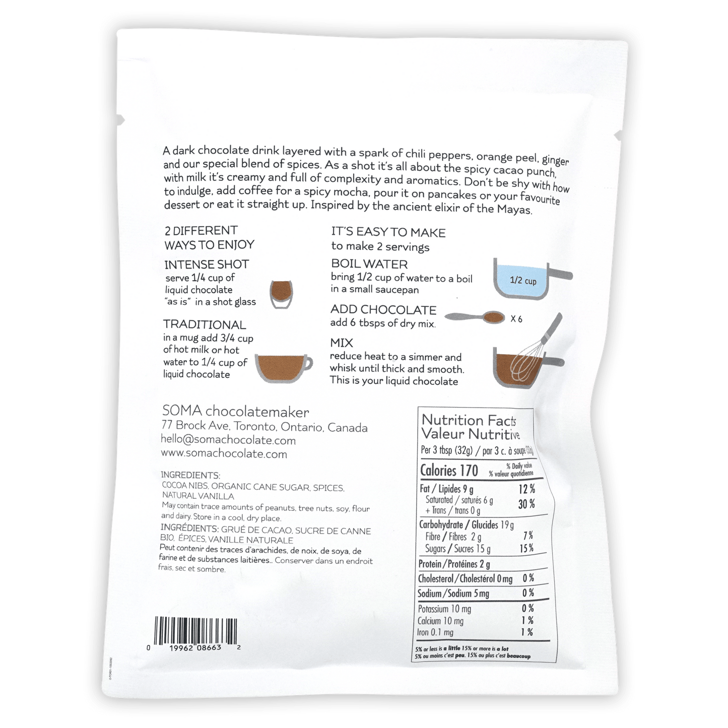 Back of Soma Drinking Chocolate Maya dark chocolate mix packet with nutrition facts
