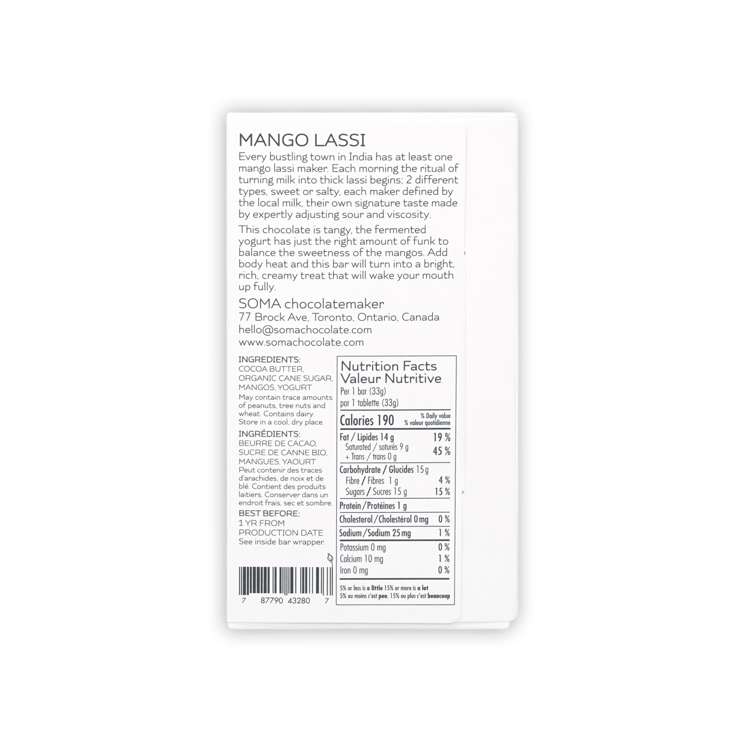 Soma Mini Mango Lassi Bar white wrapper with black text and barcode