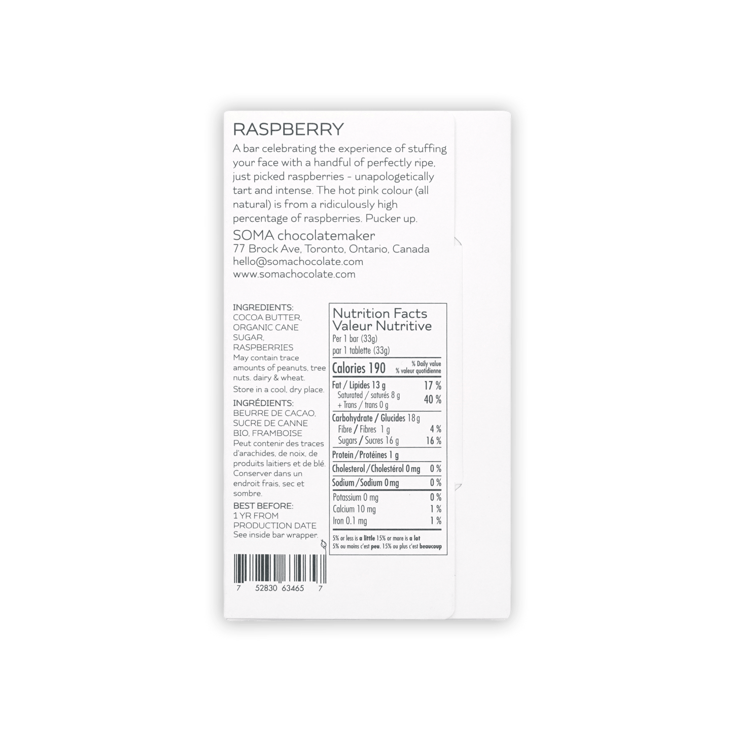 Soma Mini Raspberry Bar white rectangular wrapper