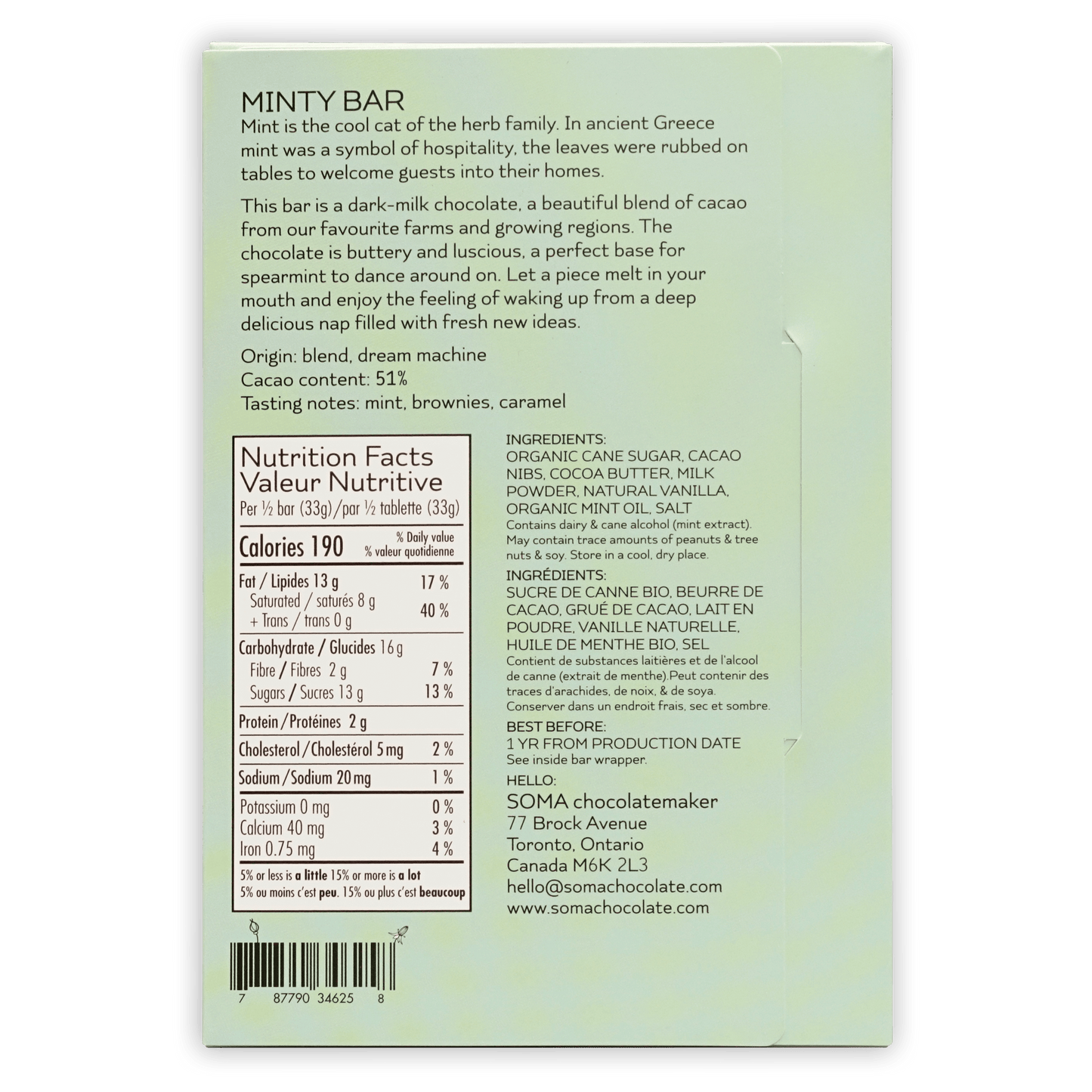 Soma Minty Milk Chocolate Bar 51% back wrapper with mint flavor facts