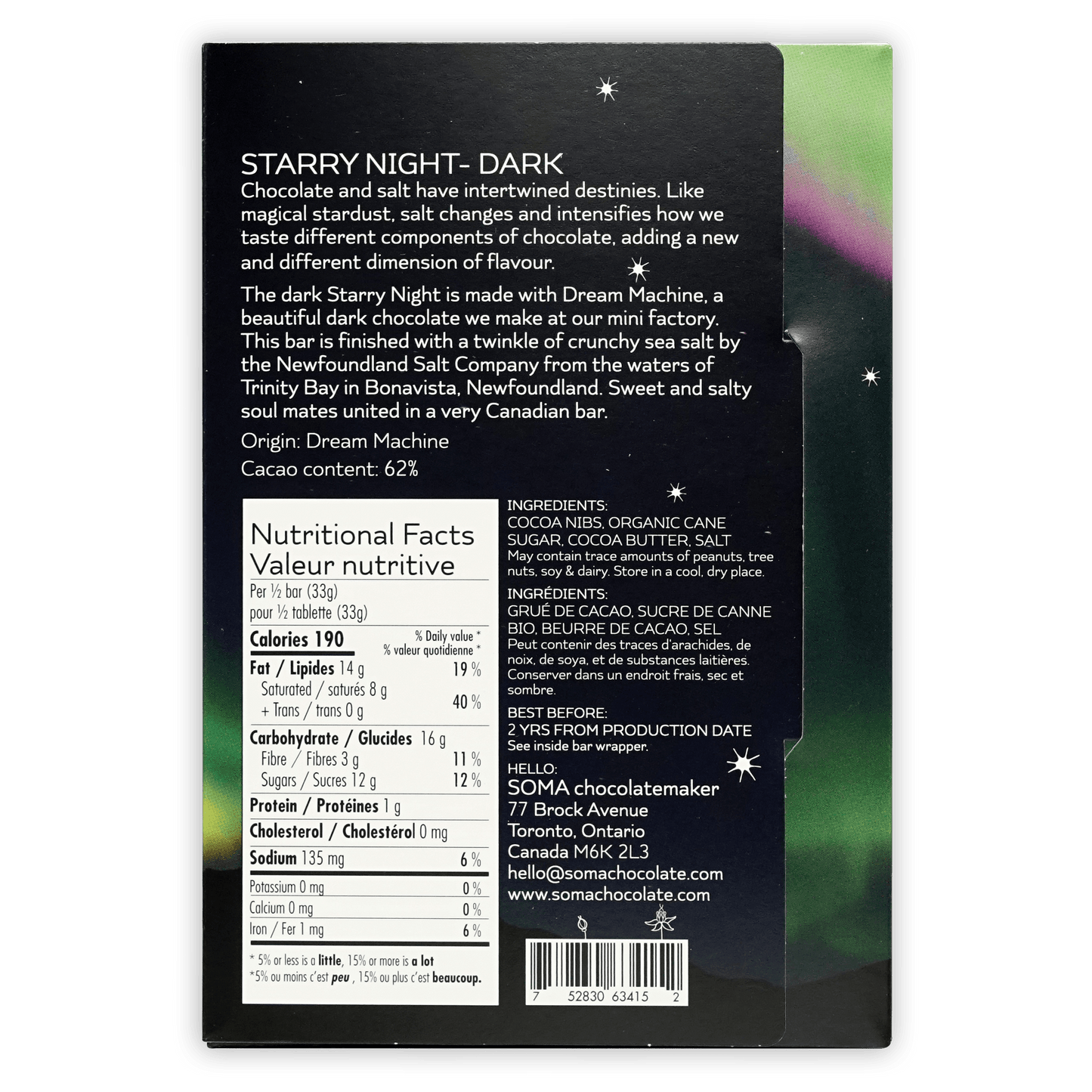 Soma Starry Night Dark 70% chocolate bar in black wrapper with aurora accents