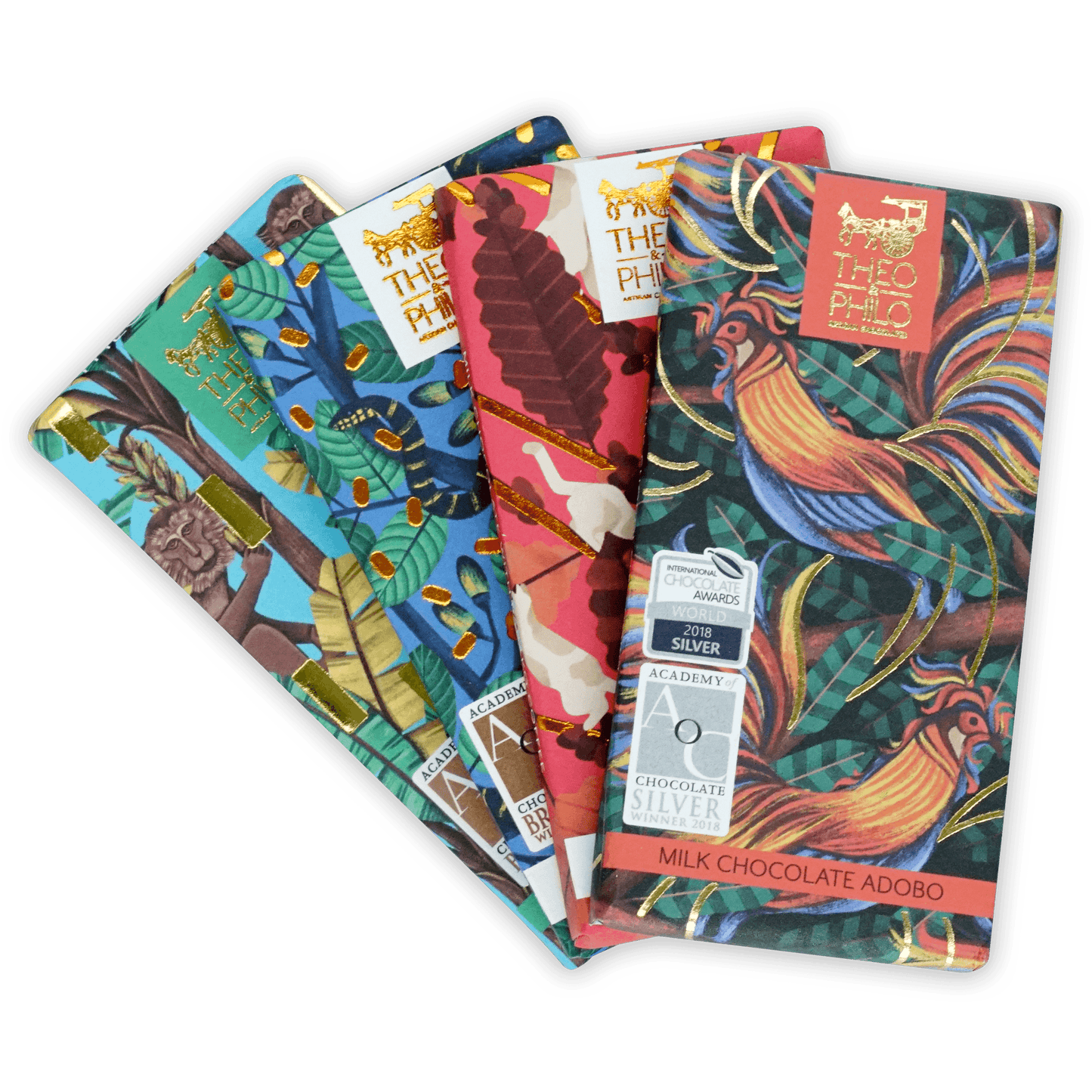 Theo & Philo Filipino Chocolate Bundles with colorful tropical bars and gold foil