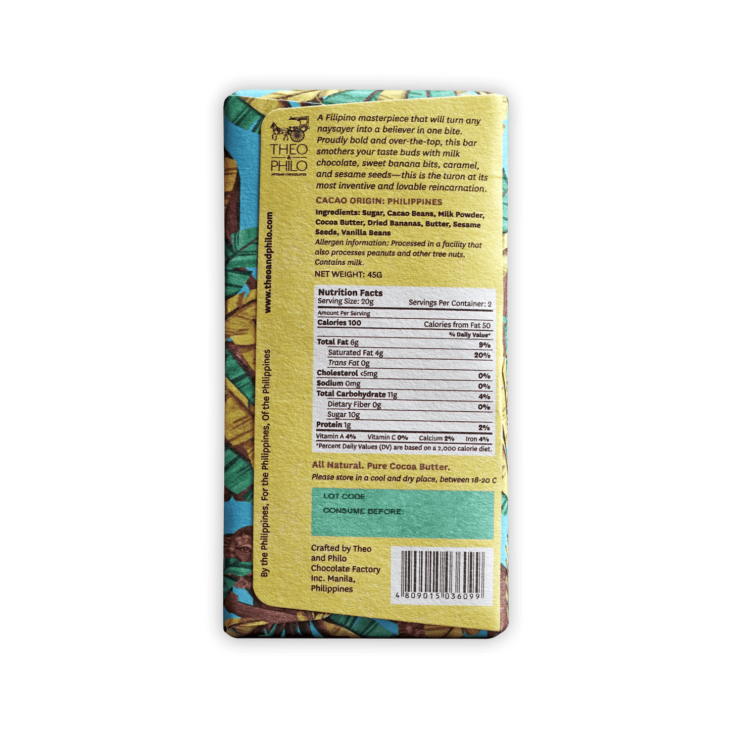 Theo & Philo Milk Chocolate Turon 44% yellow green tropical bar