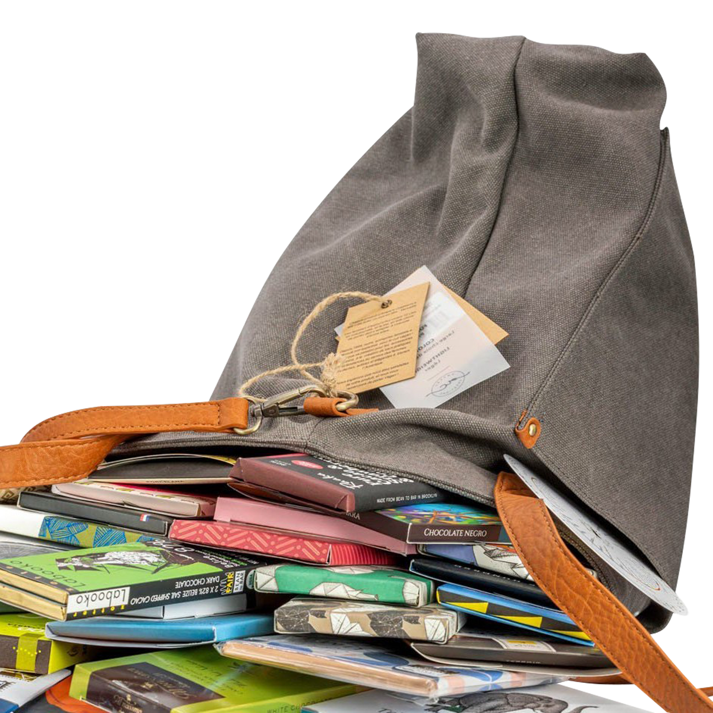 Gray canvas Bar & Cocoa Ultimate Chocolate Tote with tan leather handles