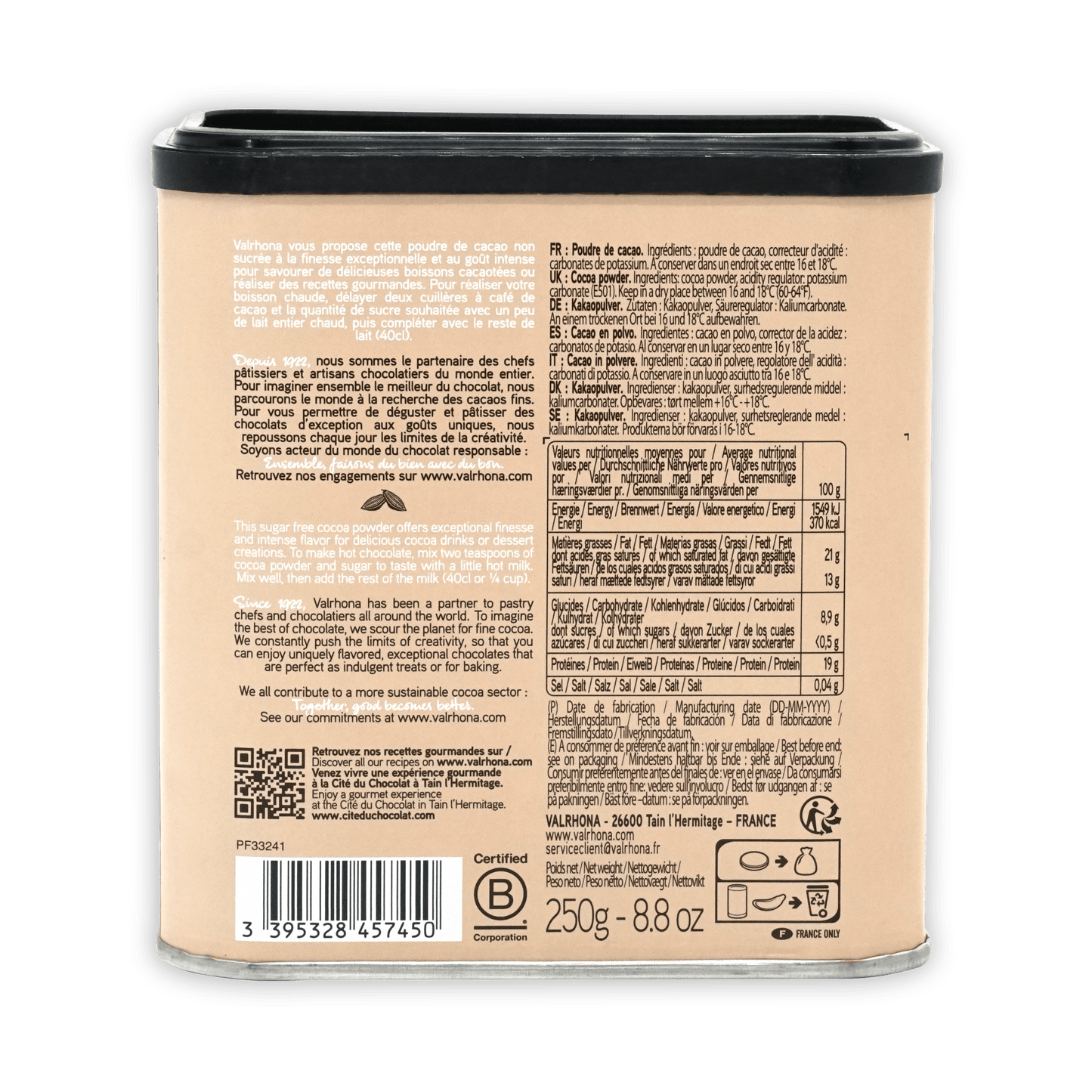 Valrhona 100% sugar-free cocoa powder 250g beige jar with black lid