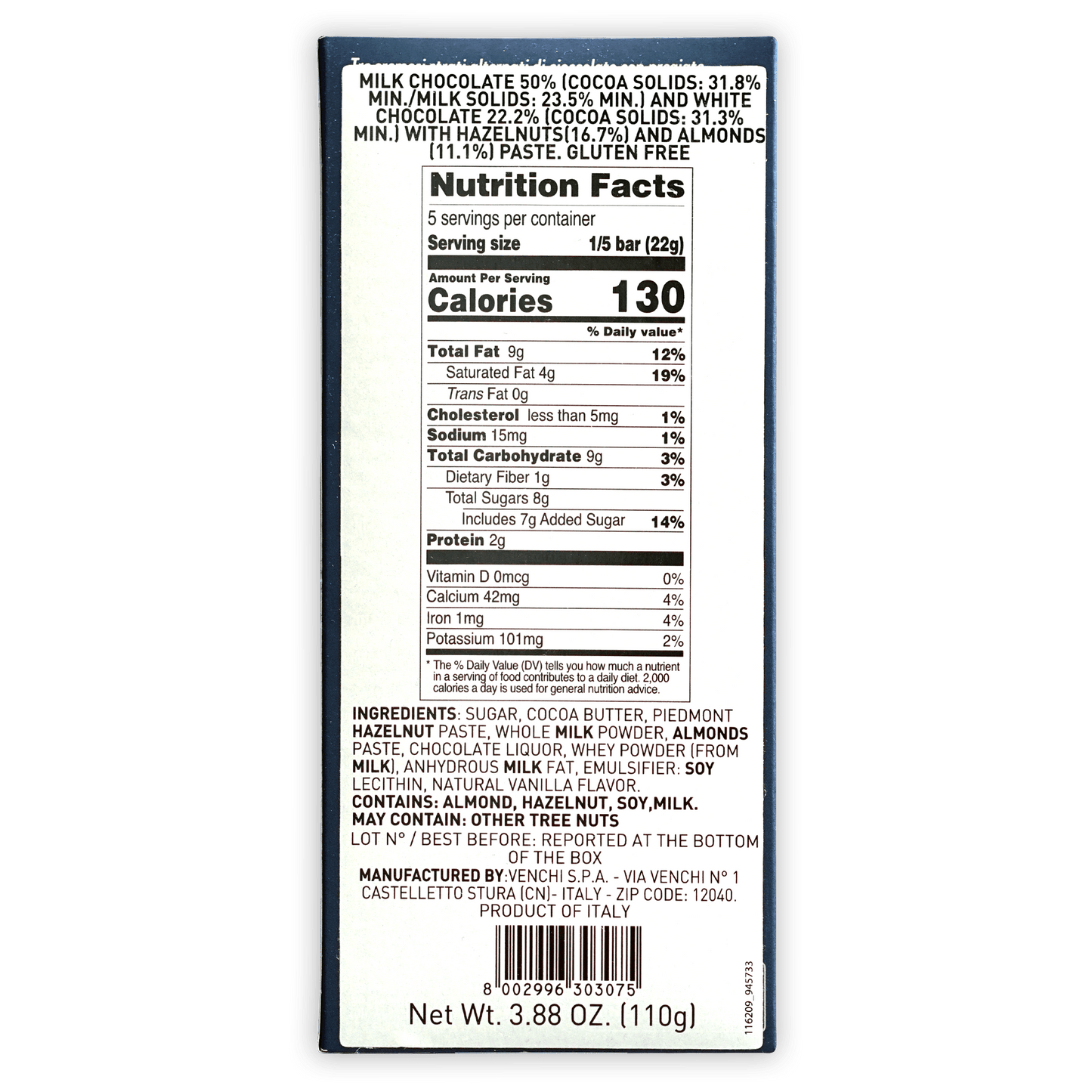Venchi Cremino 1878 Milk Chocolate Bar
