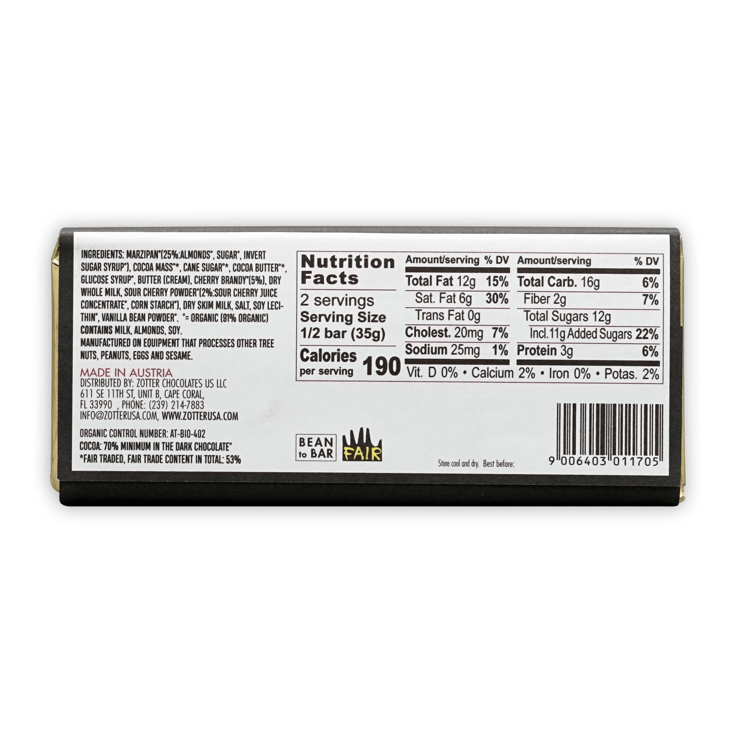 Back of Zotter Cherry Brandy w/ Marzipan filled bar: white-gold wrapper, black nutrition label, bean to bar fair logo