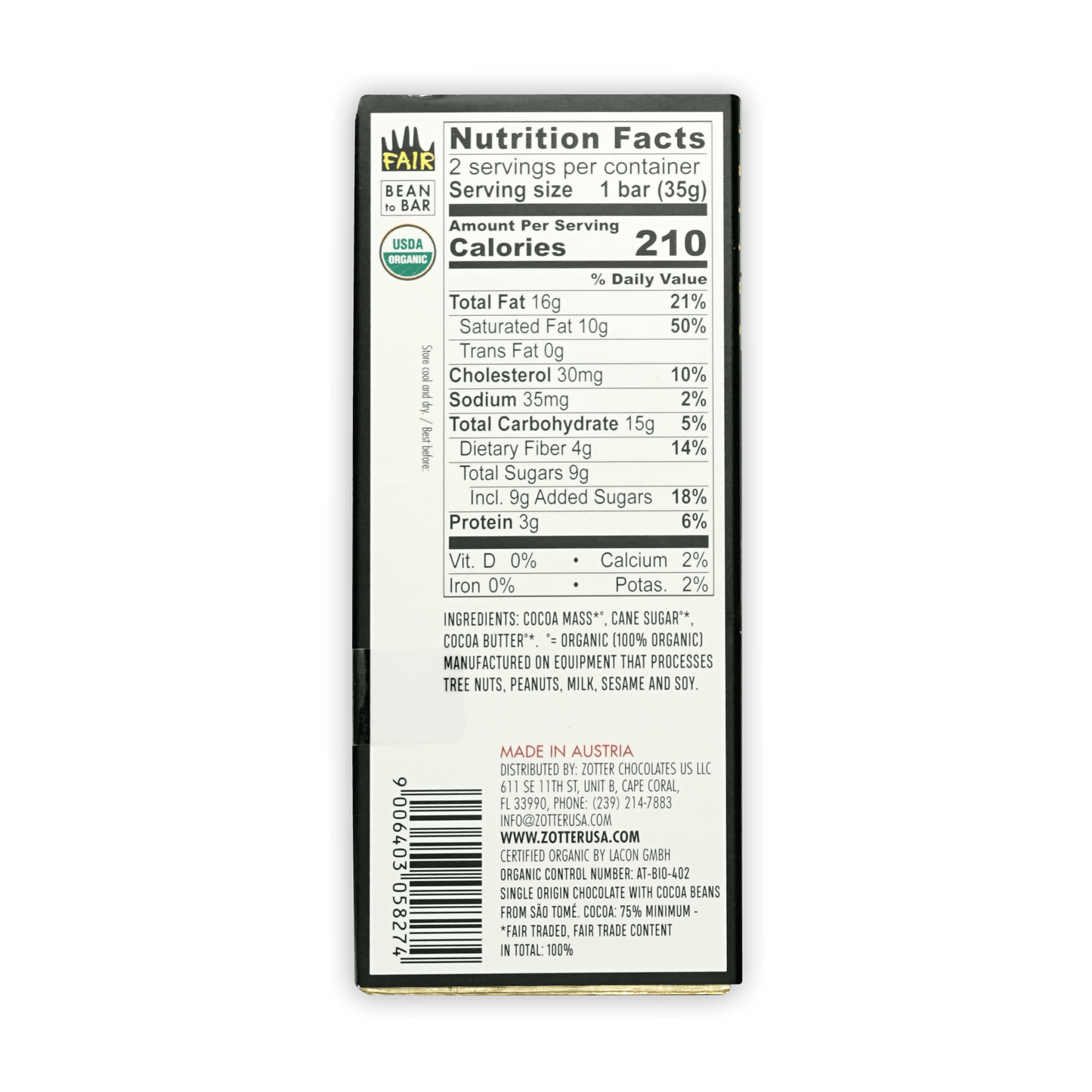 Back of Labooko Sao Tome 75% fair trade organic chocolate bar wrapper