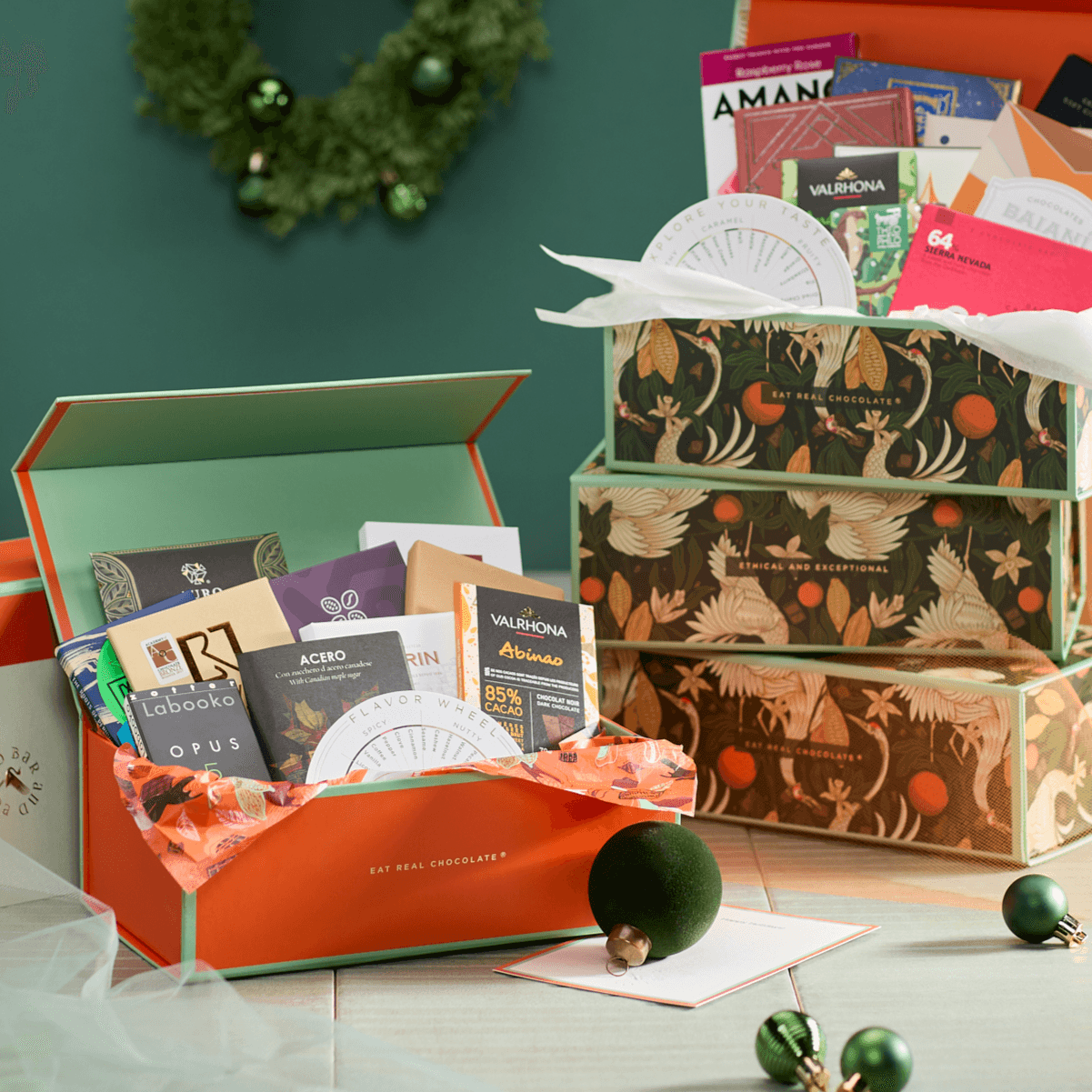 Open orange Chocolate Bars of the World gift box with Valrhona chocolates