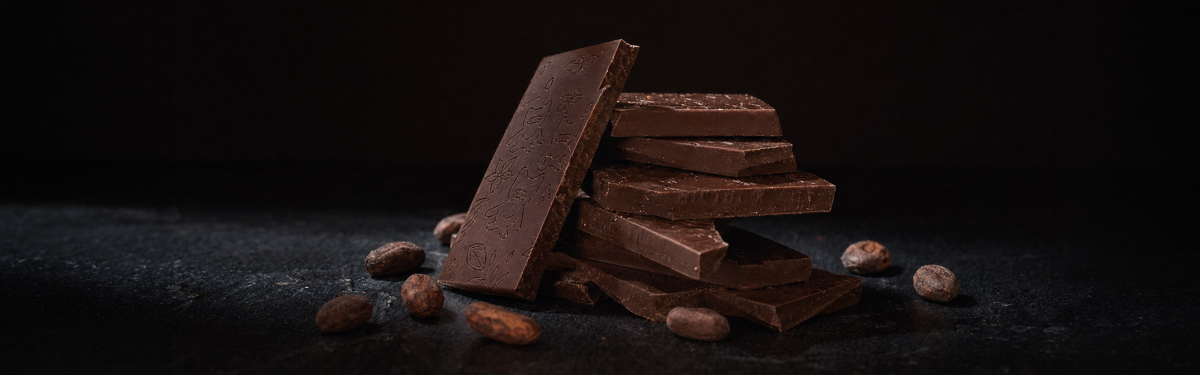 AI-generated illustration of stacked 100% dark chocolate pieces with cacao beans scattered around them