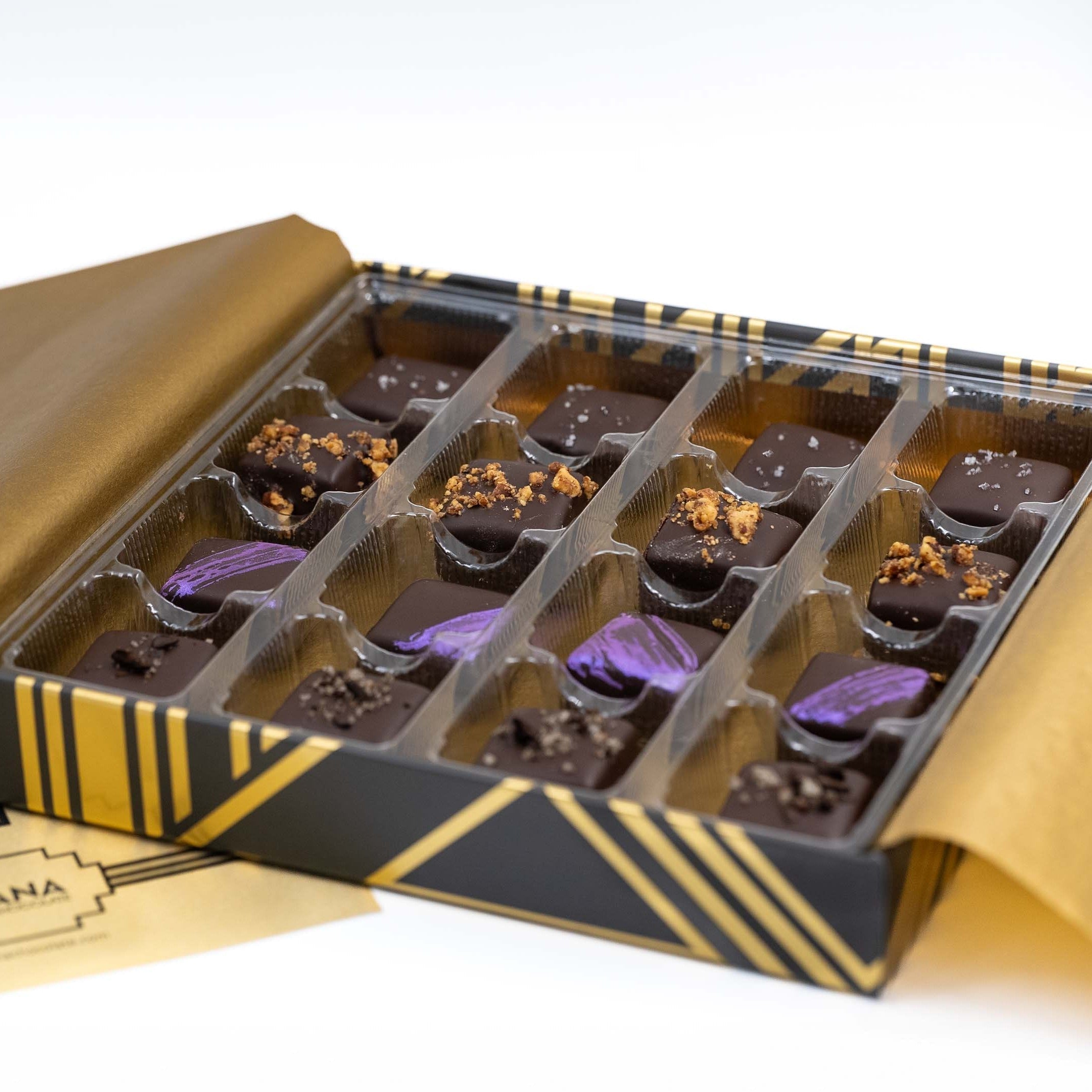 Mayana luxury black and gold caramels gift box with dark chocolates, nuts, drizzle. 16 pcs
