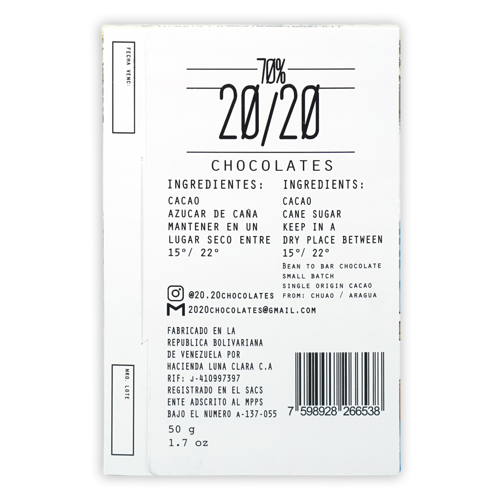 20/20 Dark Chocolate Chuao 70% bar white rectangular wrapper with bilingual instructions