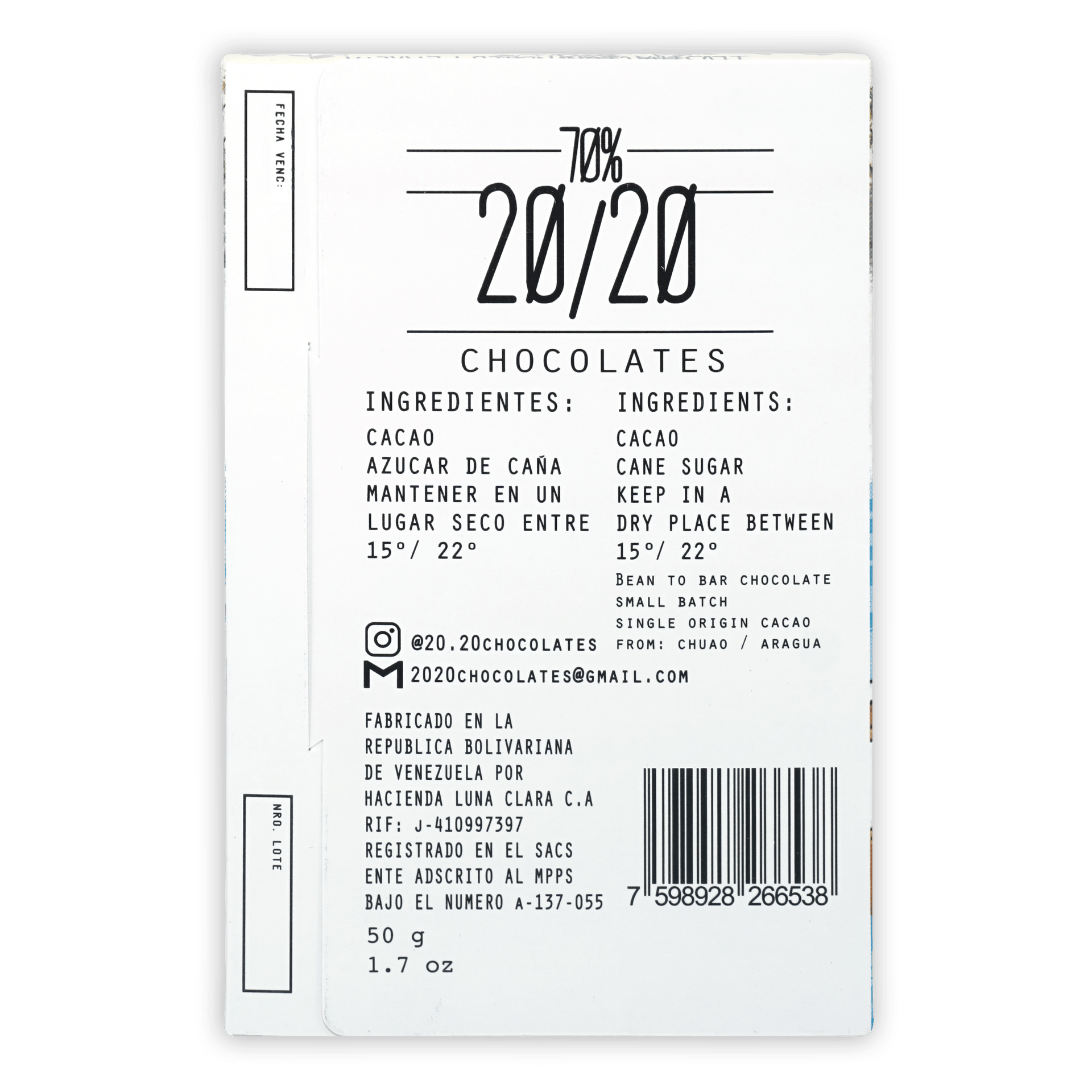 20/20 Dark Chocolate Chuao 70% bar white rectangular wrapper with bilingual instructions