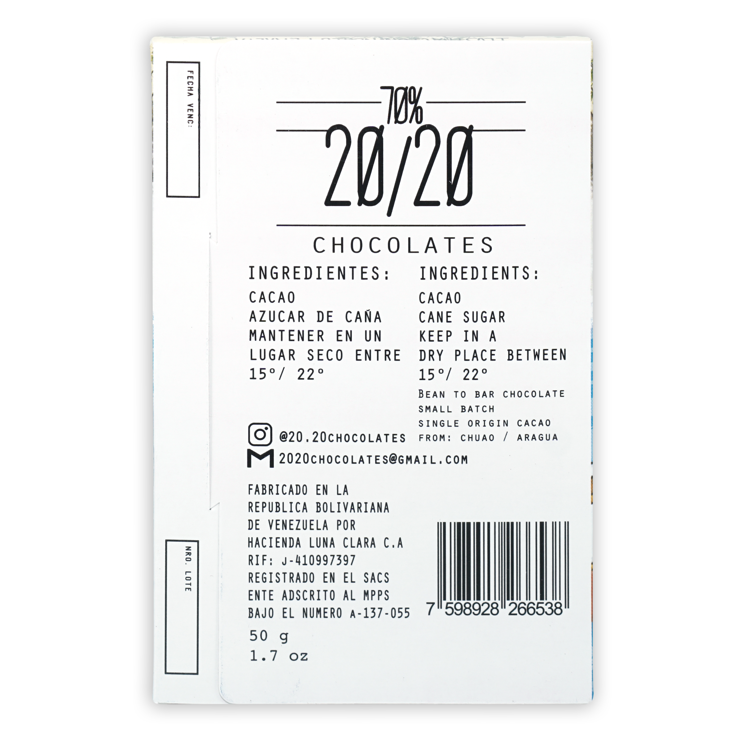 20/20 Dark Chocolate Chuao 70% bar white rectangular wrapper with bilingual instructions