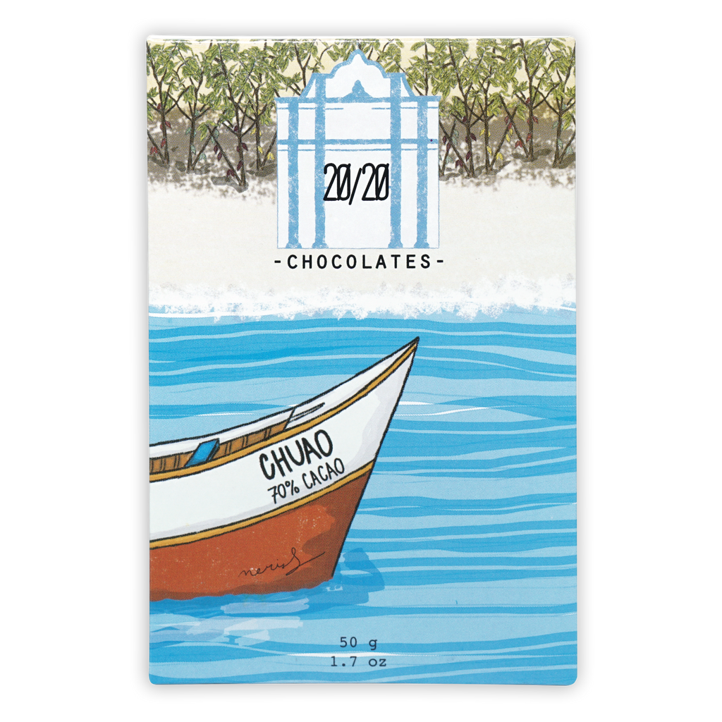 Stylized white and brown Chuao 70% cacao boat on blue water
