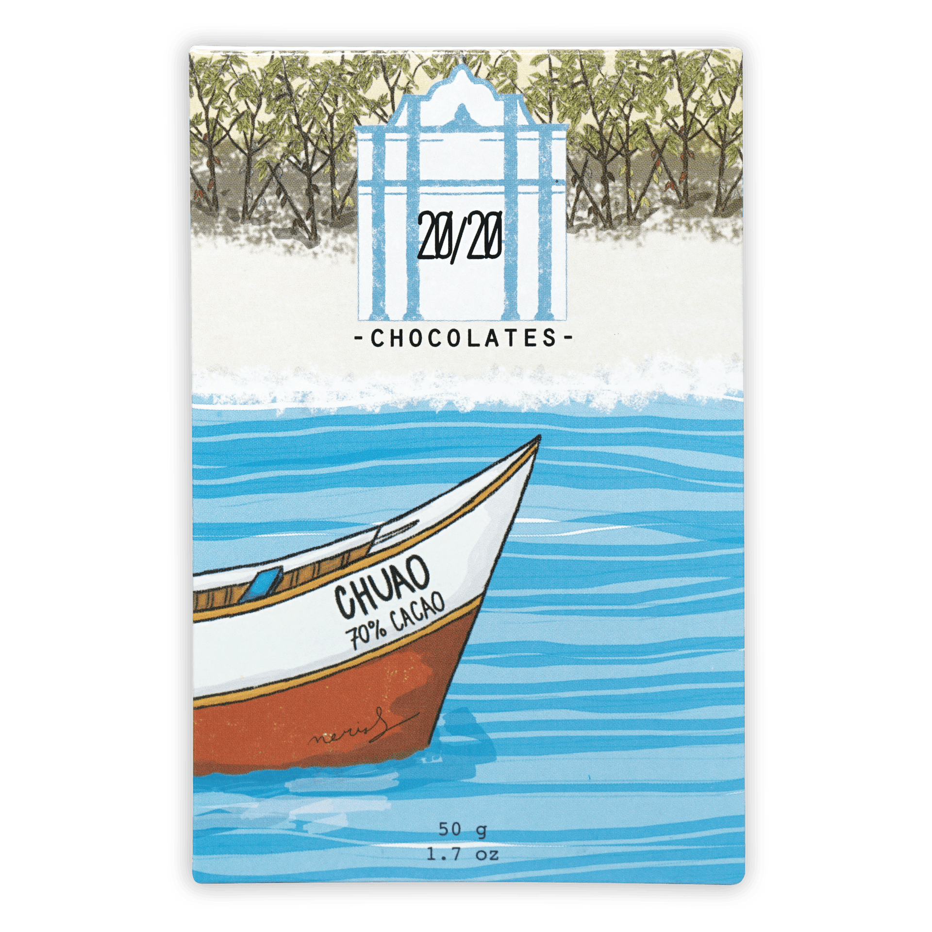 Stylized white and brown Chuao 70% cacao boat on blue water