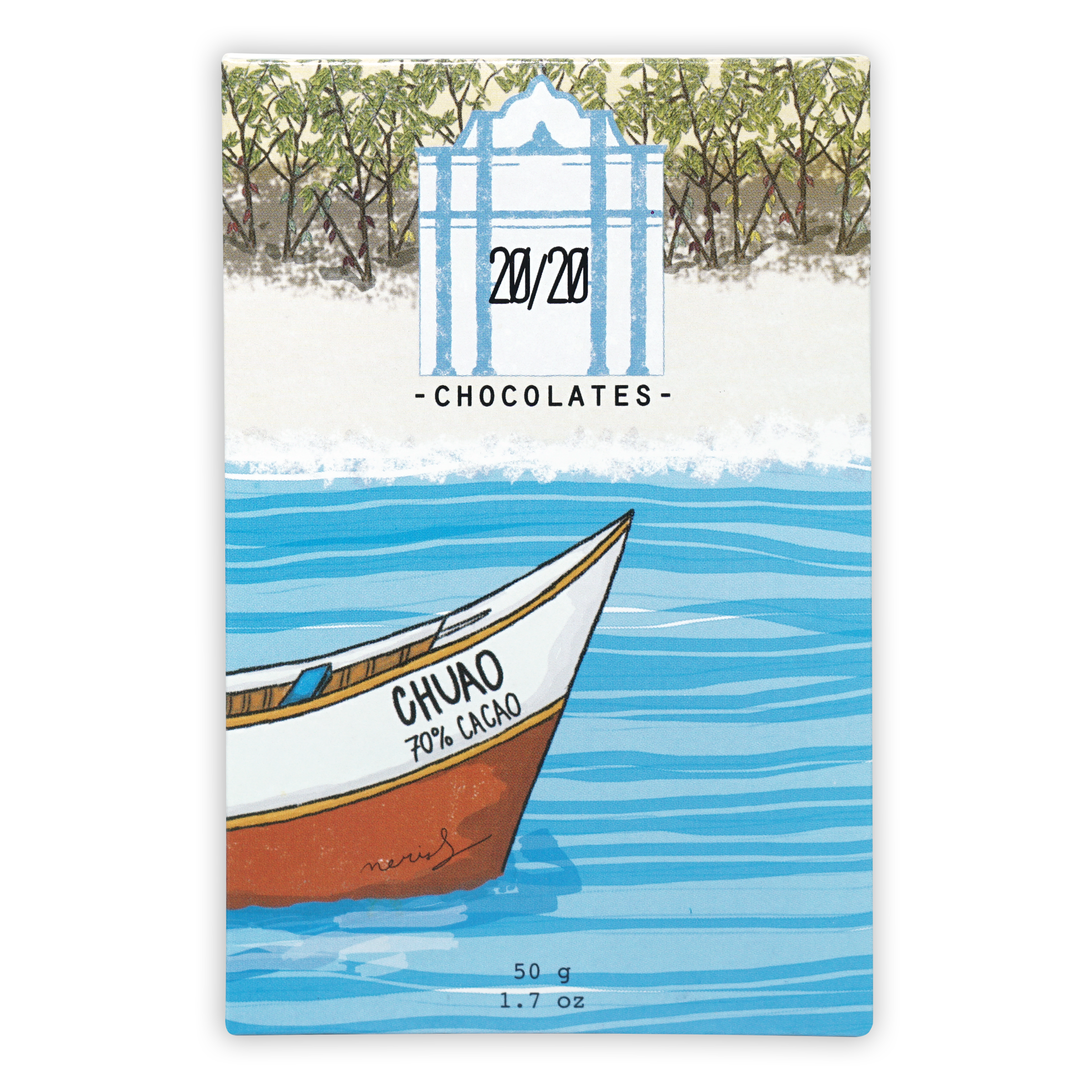 Stylized white and brown Chuao 70% cacao boat on blue water