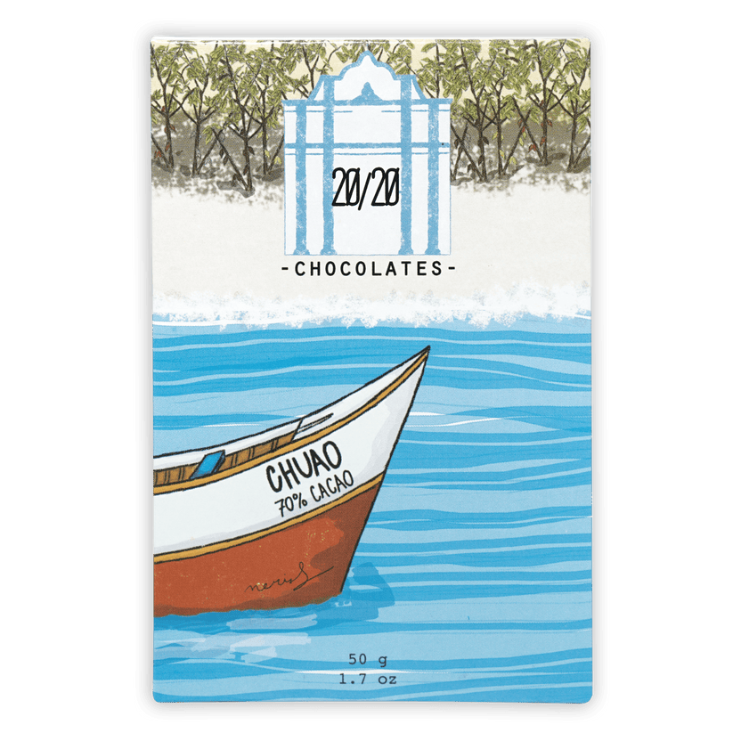 Stylized white and brown Chuao 70% cacao boat on blue water