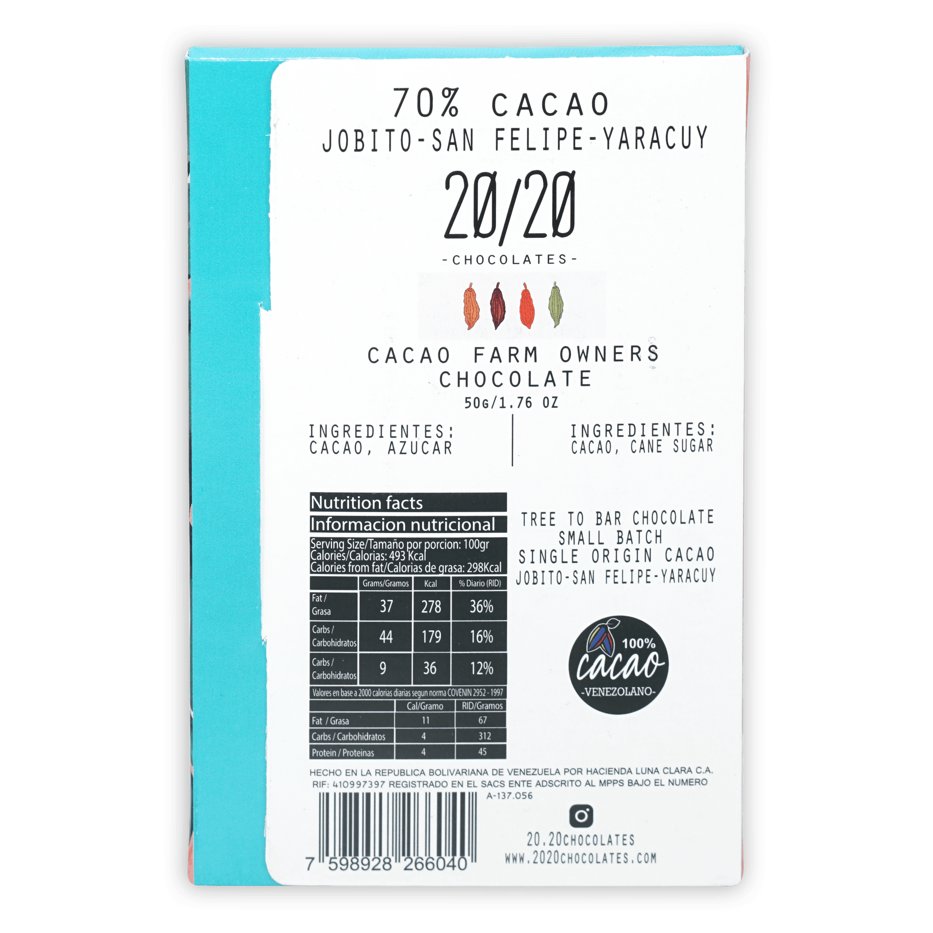 20/20 Dark Chocolate Jobito 70% cacao from Venezuela wrapper