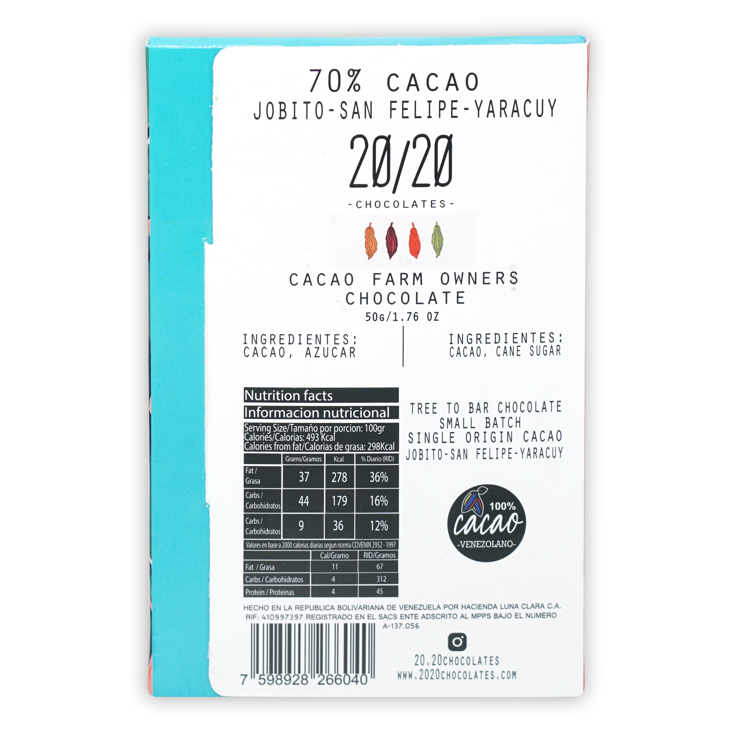 20/20 Dark Chocolate Jobito 70% cacao from Venezuela wrapper