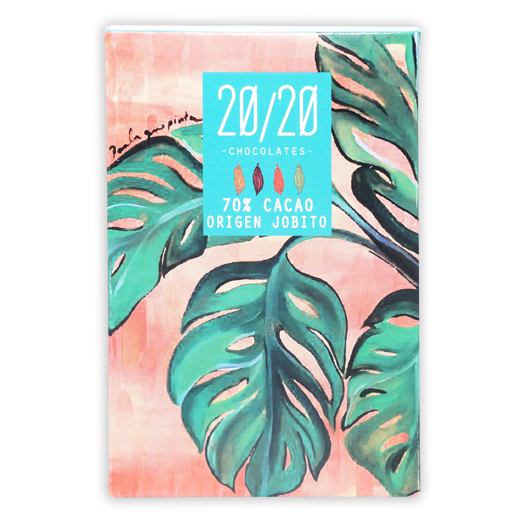 20/20 Dark Chocolate Jobito 70% bar wrapper with green leaves and teal label