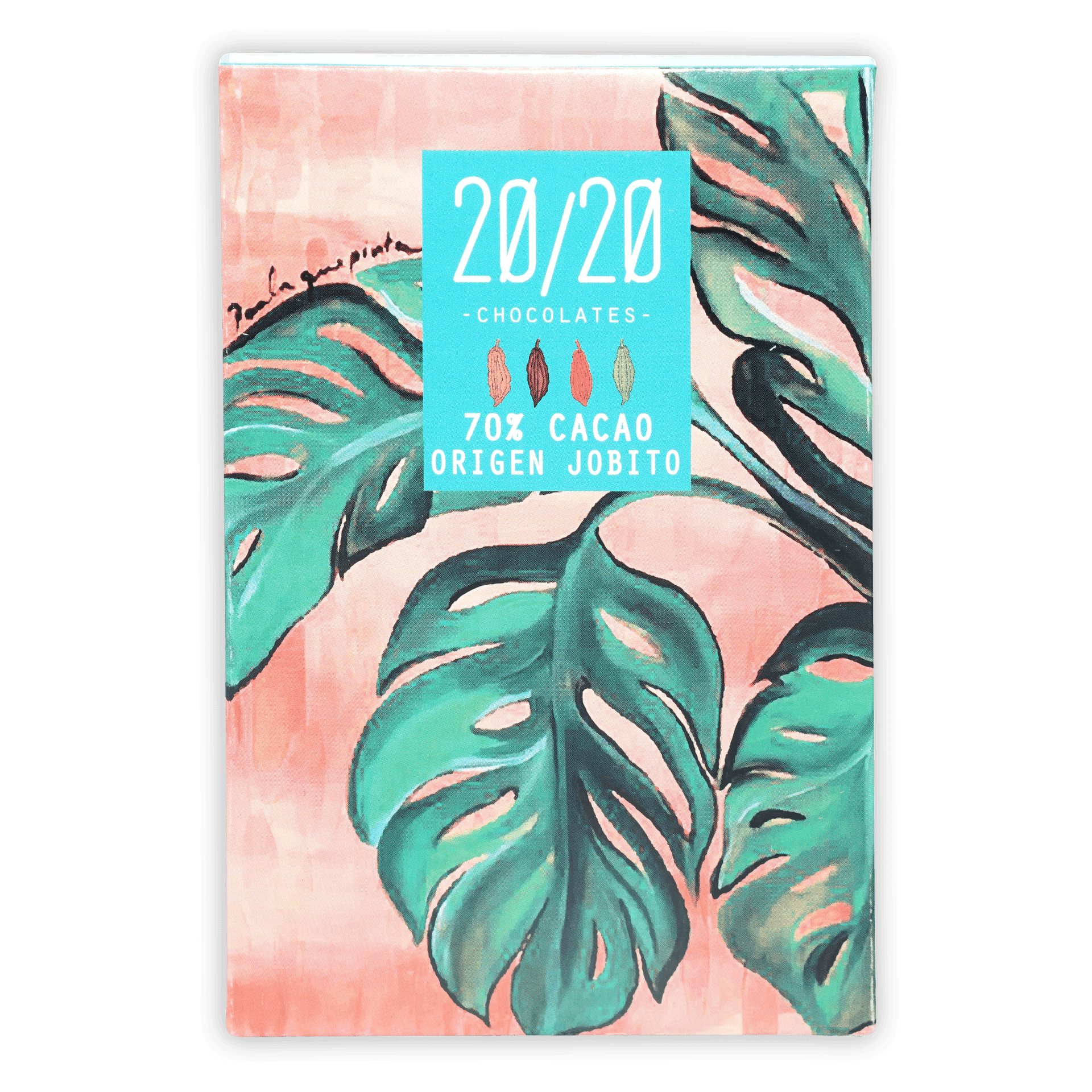 20/20 Dark Chocolate Jobito 70% bar wrapper with green leaves and teal label