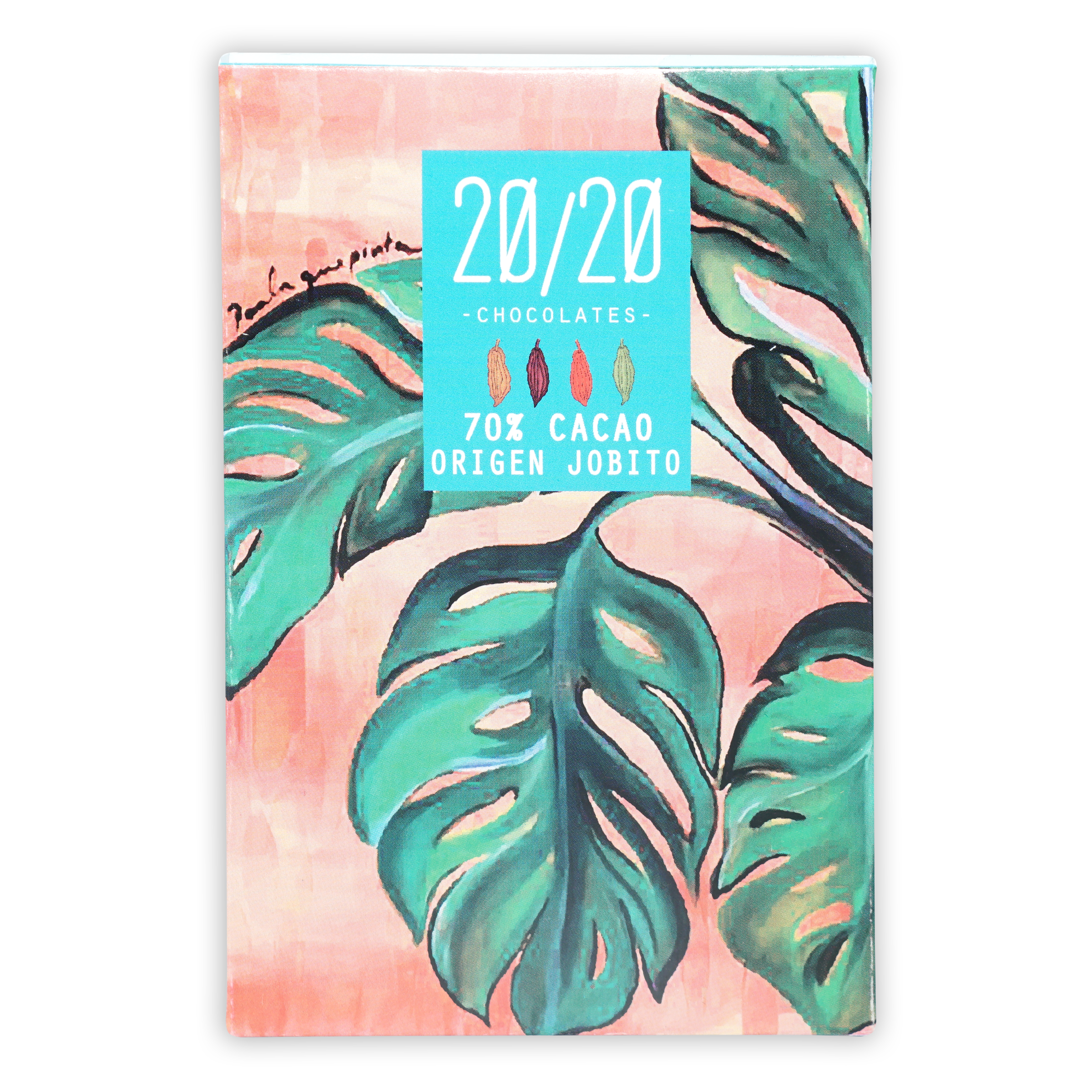 20/20 Dark Chocolate Jobito 70% bar wrapper with green leaves and teal label