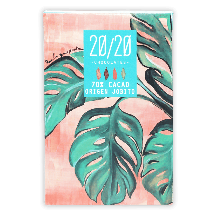 20/20 Dark Chocolate Jobito 70% bar wrapper with green leaves and teal label