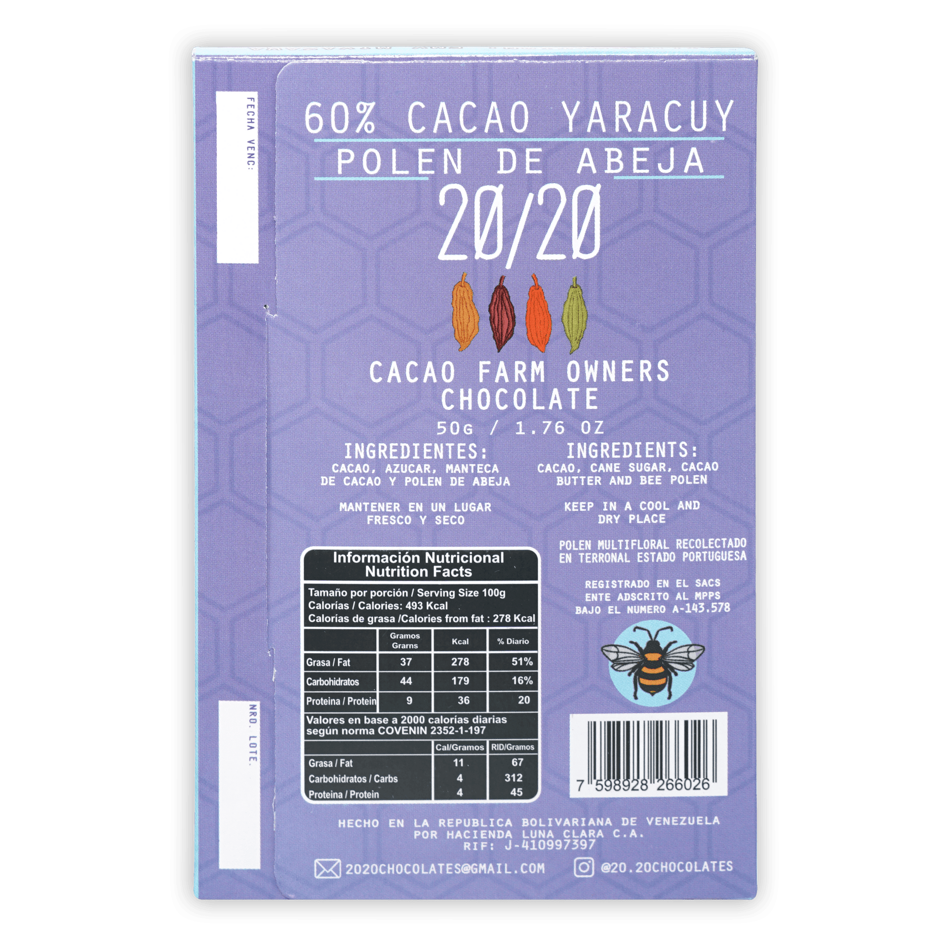 Purple 50g 60% cacao Yaracuy chocolate bar with bee pollen and cacao pod illustrations