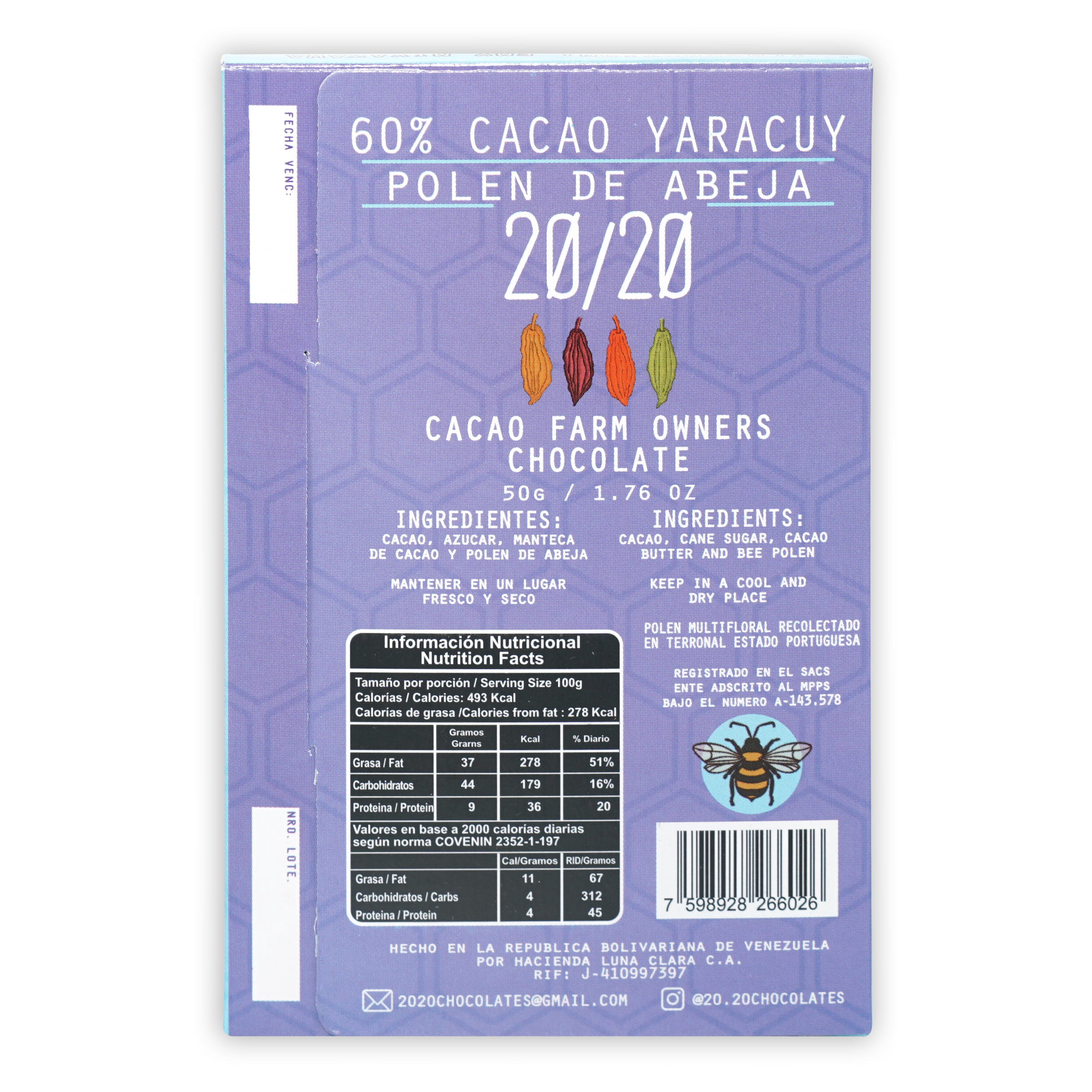 Purple 50g 60% cacao Yaracuy chocolate bar with bee pollen and cacao pod illustrations