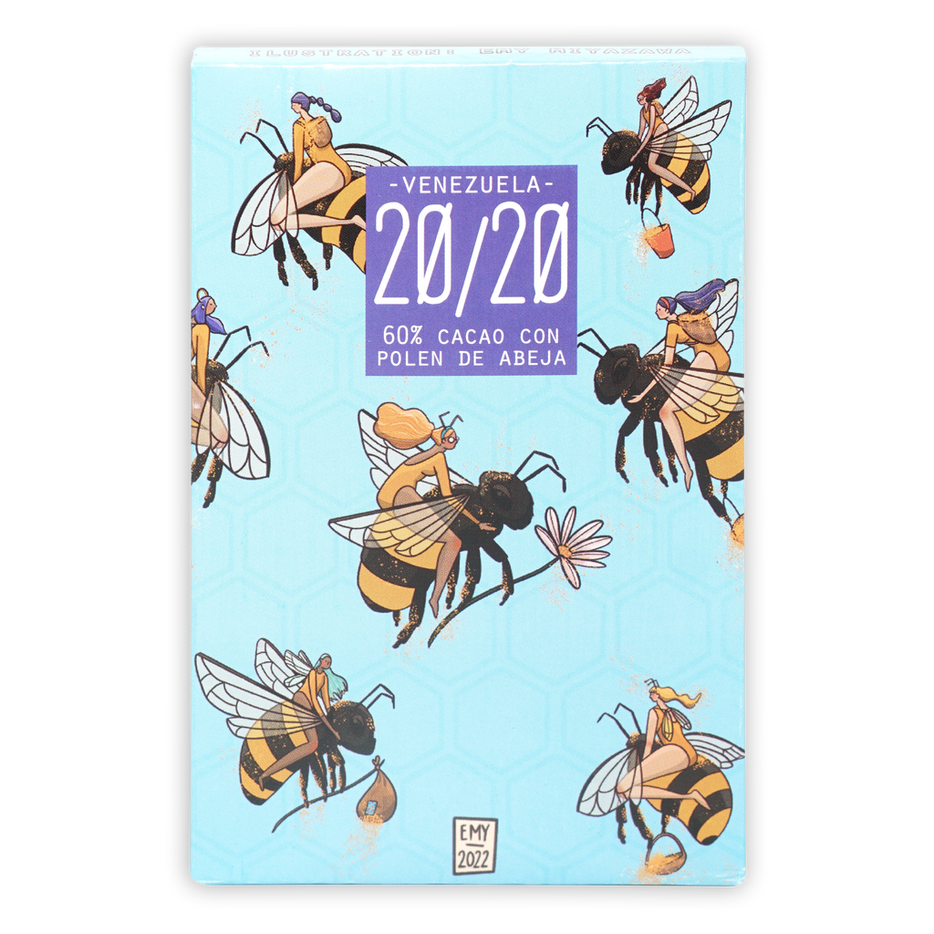 Light blue 20/20 Dark Chocolate wrapper with fairies on bees and bee pollen label