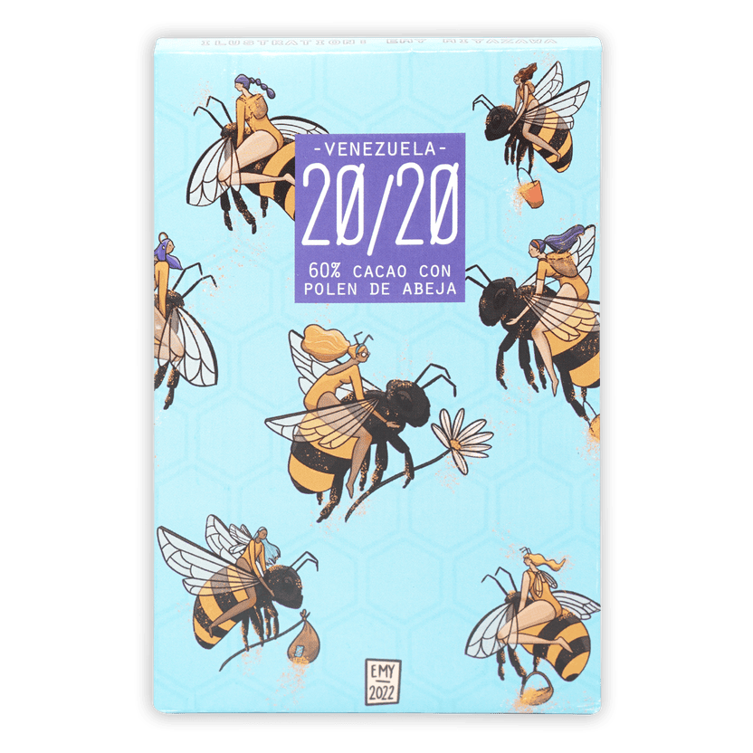 Light blue 20/20 Dark Chocolate wrapper with fairies on bees and bee pollen label