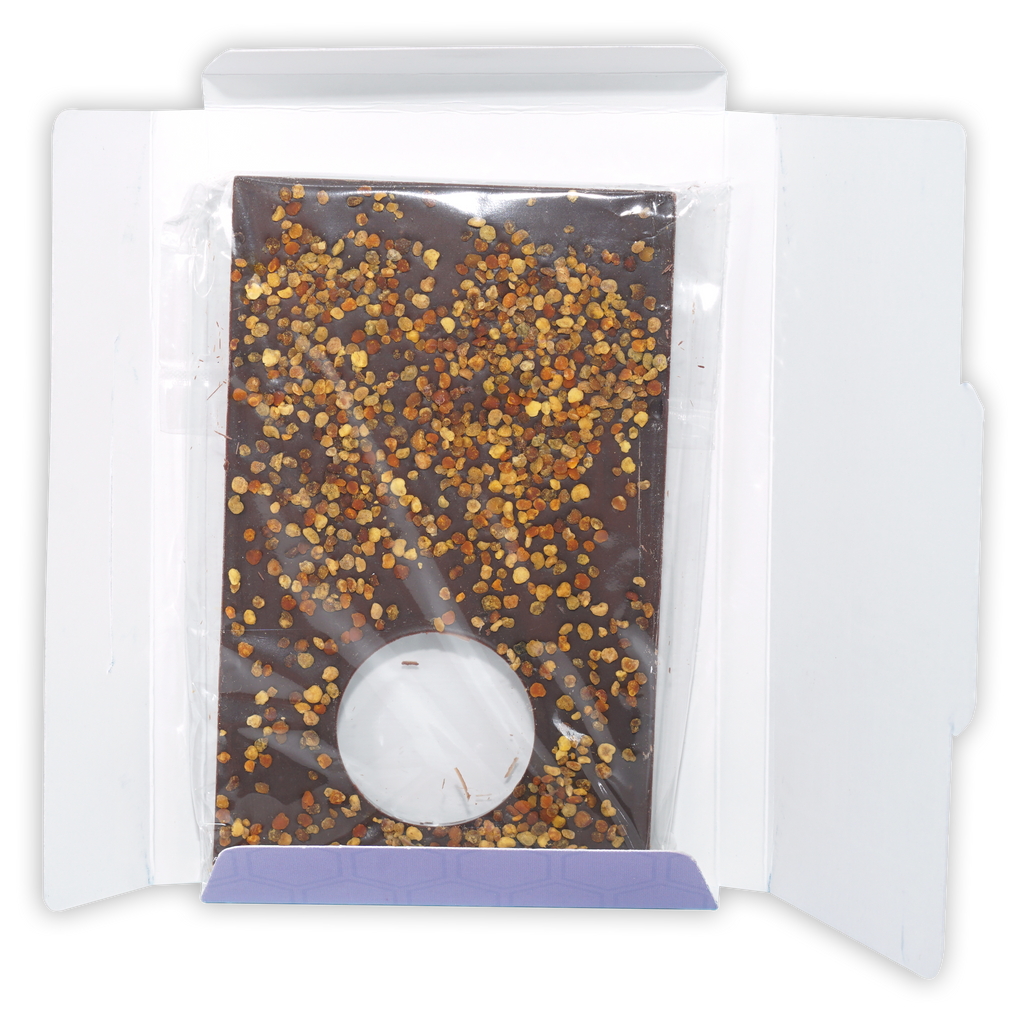 20/20 Dark Chocolate with Bee Pollen 60% bar topped with golden pollen in wrapper