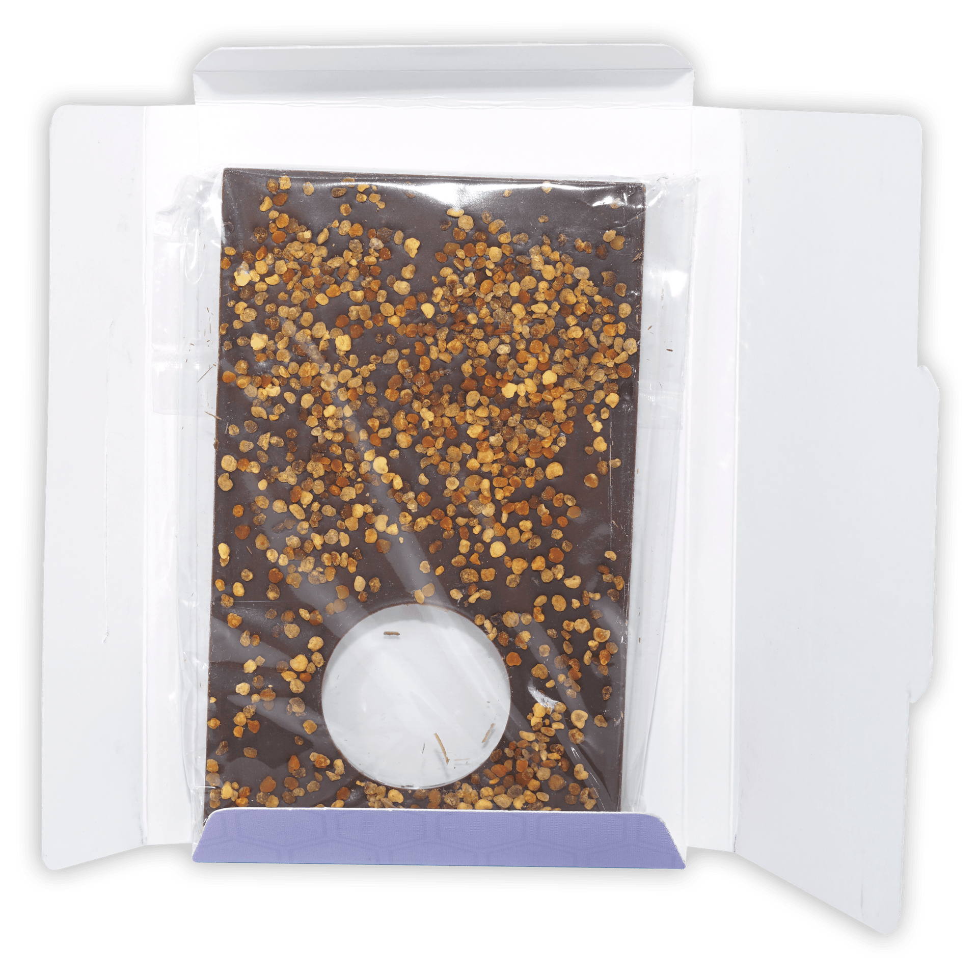 20/20 Dark Chocolate with Bee Pollen 60% bar topped with golden pollen in wrapper