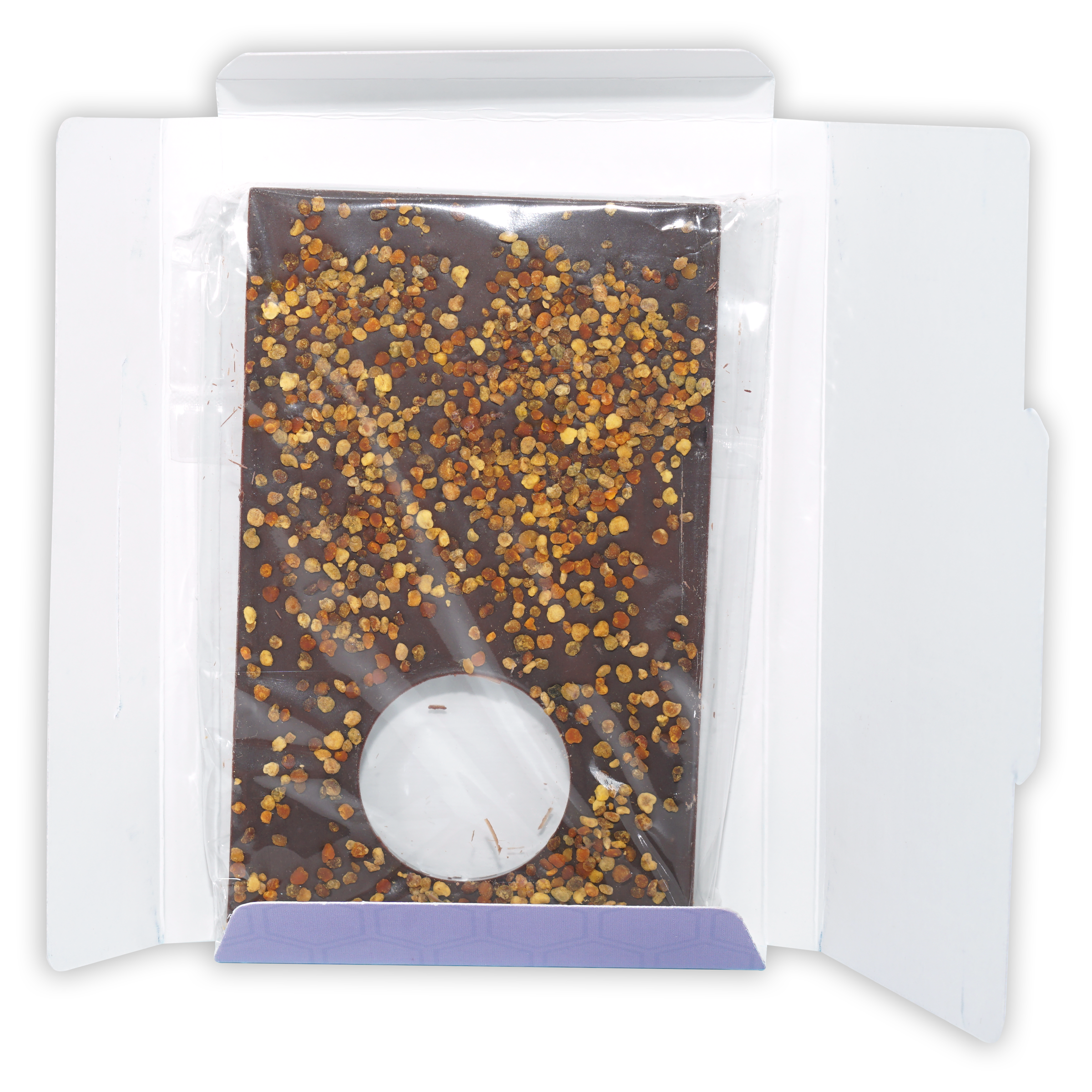 20/20 Dark Chocolate with Bee Pollen 60% bar topped with golden pollen in wrapper