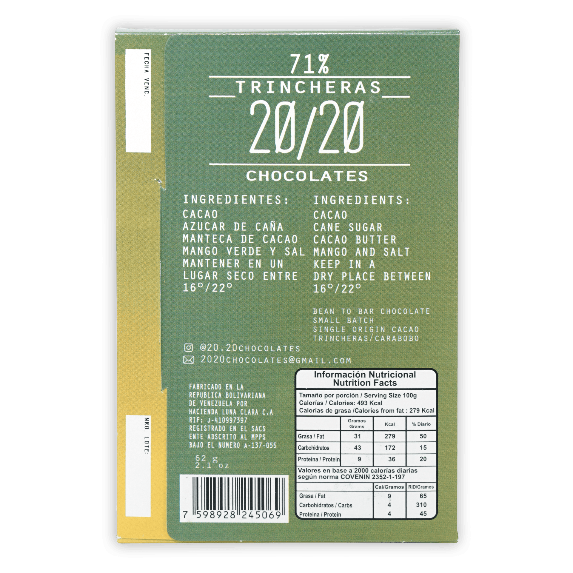 Matte olive-green 20/20 Dark Chocolate bar wrapper with 71% Trincheras branding