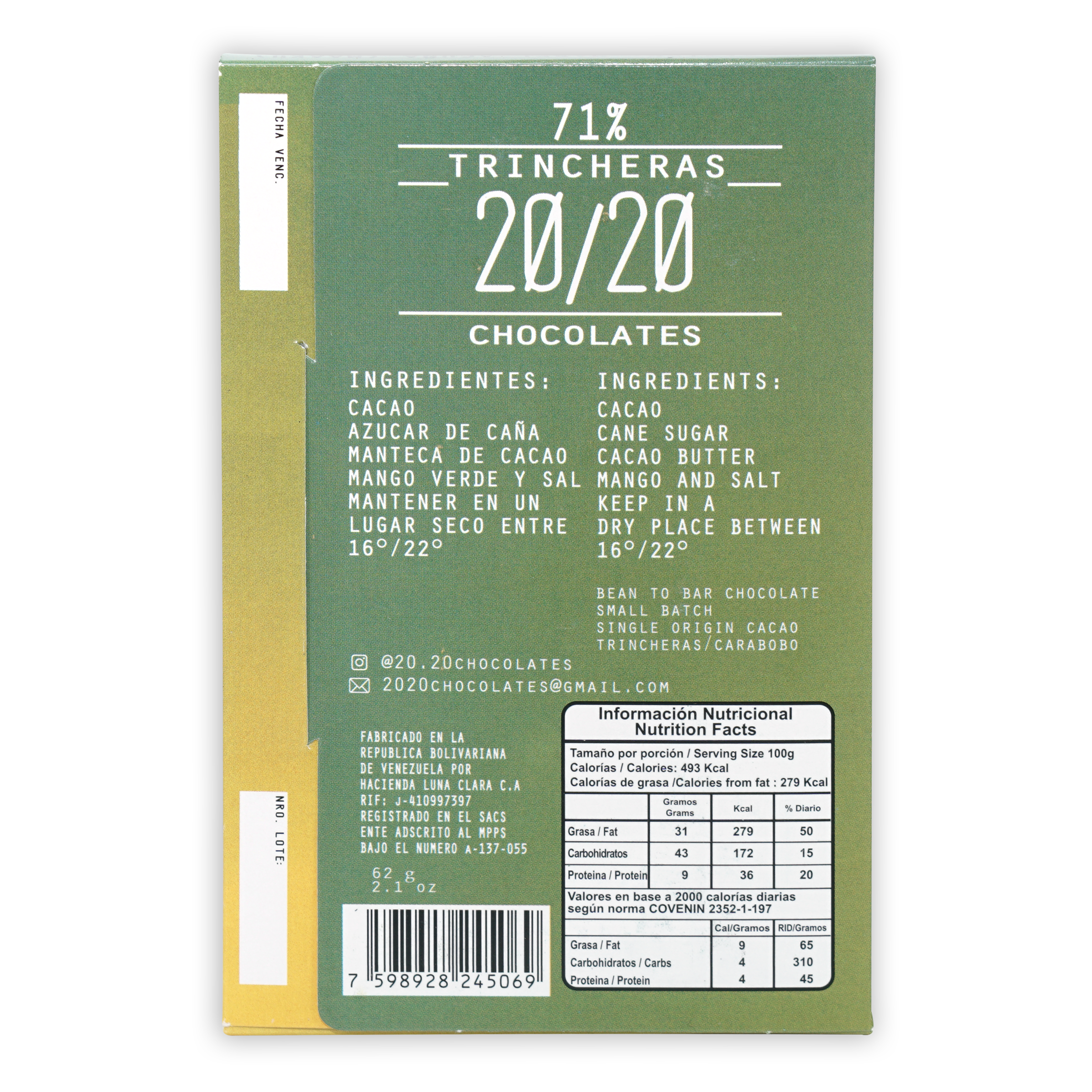Matte olive-green 20/20 Dark Chocolate bar wrapper with 71% Trincheras branding