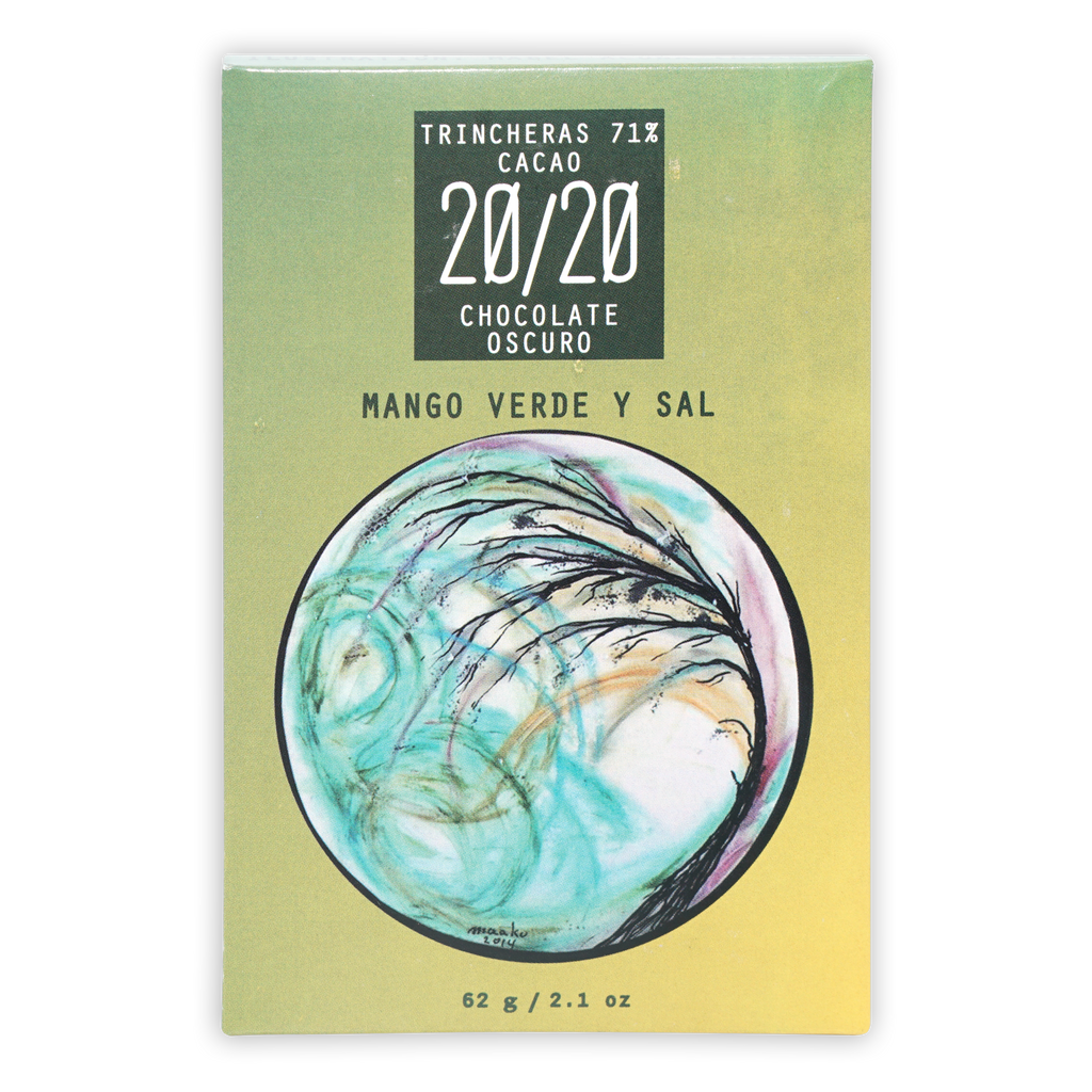 Trincheras 71% dark chocolate bar with green mango and salt in vibrant wrapper