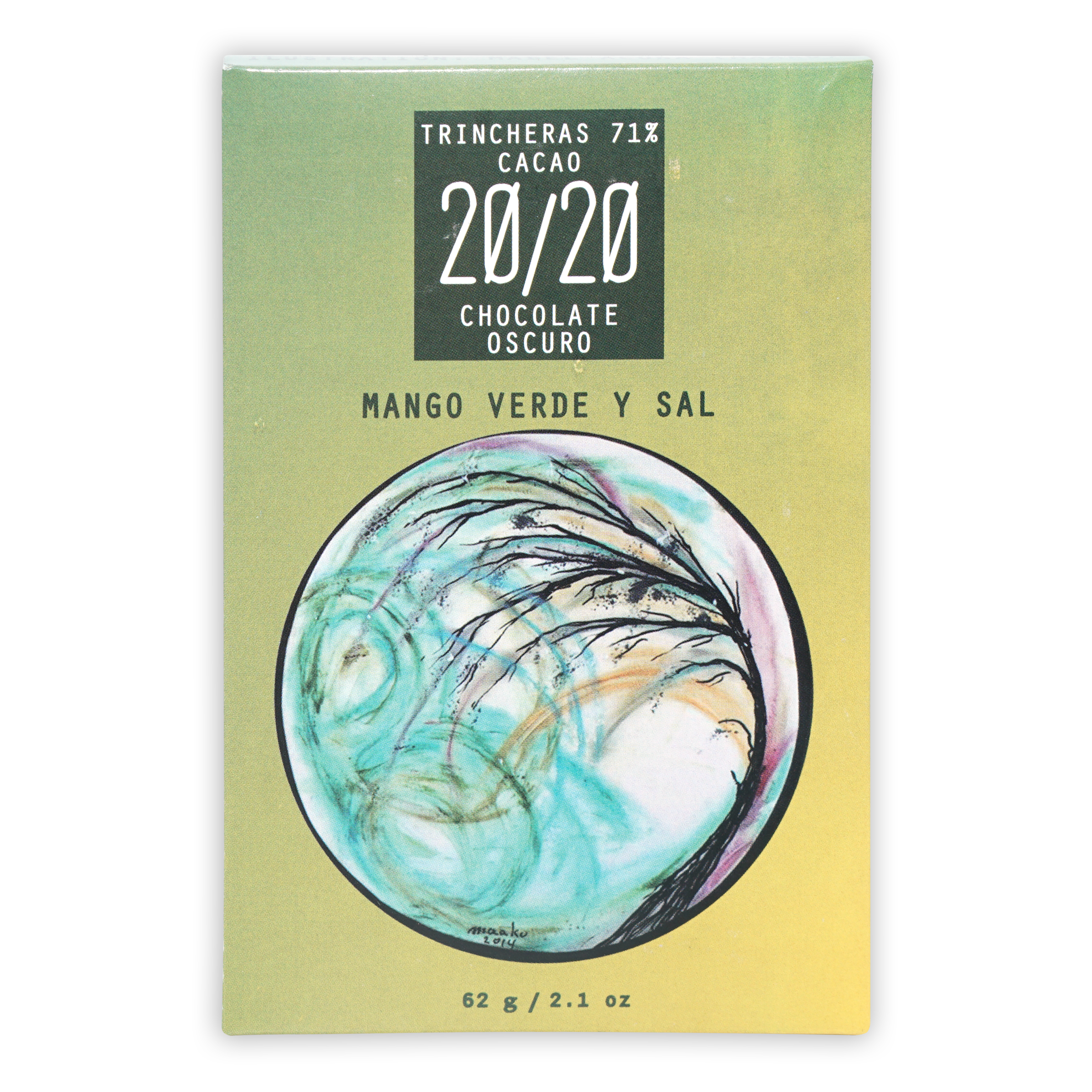 Trincheras 71% dark chocolate bar with green mango and salt in vibrant wrapper